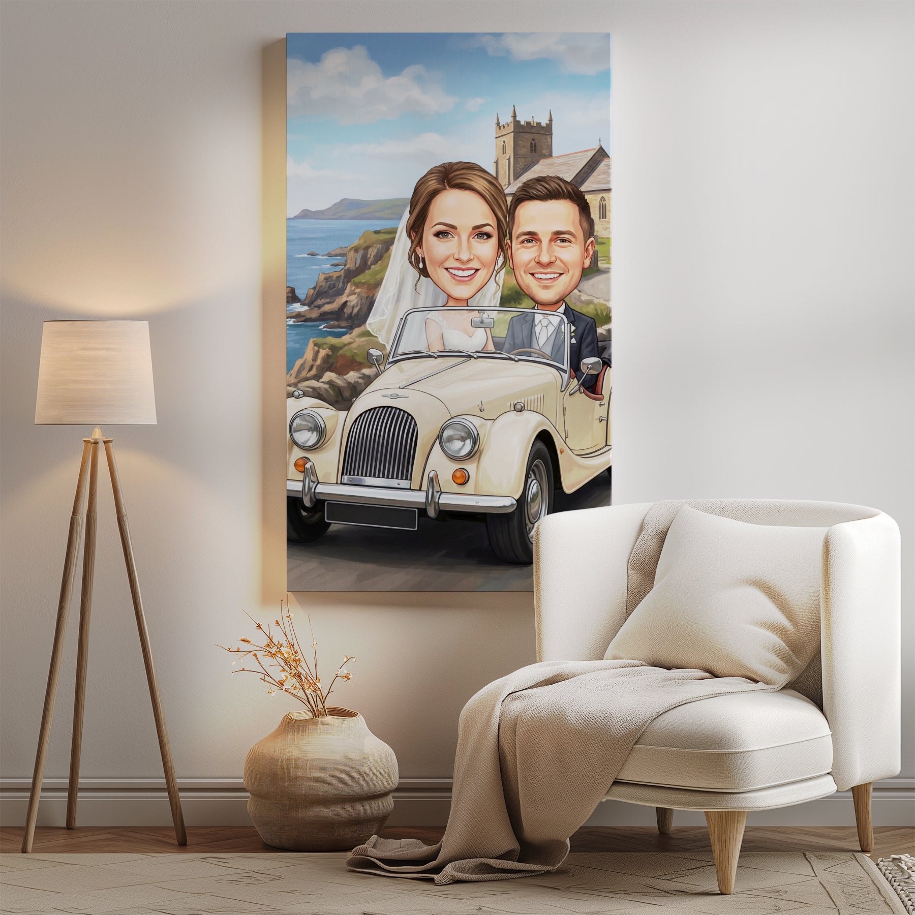 Beige cartoon wedding portrait of smiling couple in vintage Morgan car by cliffs