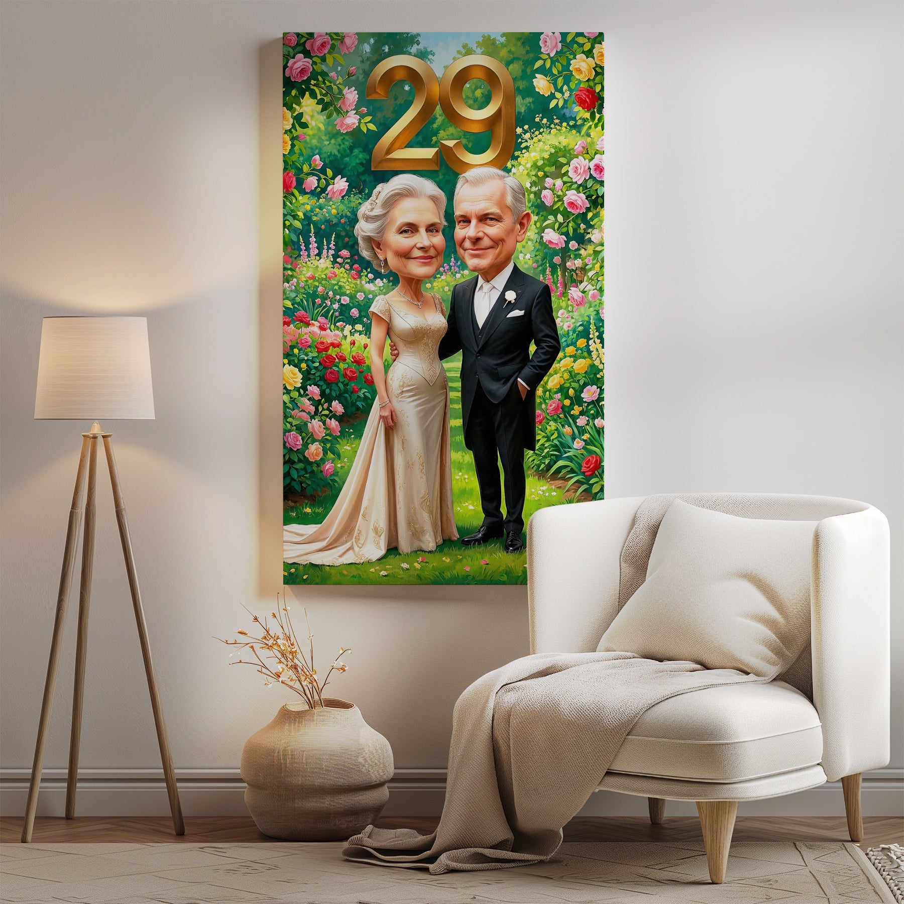 Personalized caricature portrait of elderly couple in garden with 29 above for parents wedding anniversary