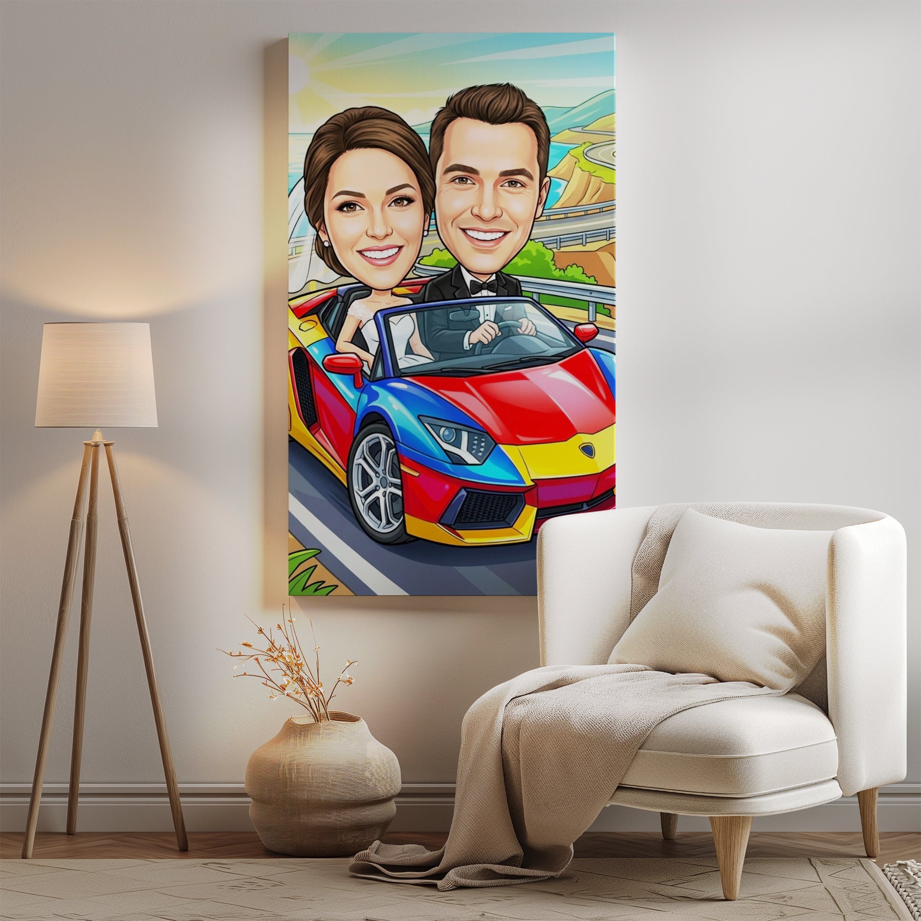 Vibrant cartoon wedding caricature of smiling couple in colorful sports car