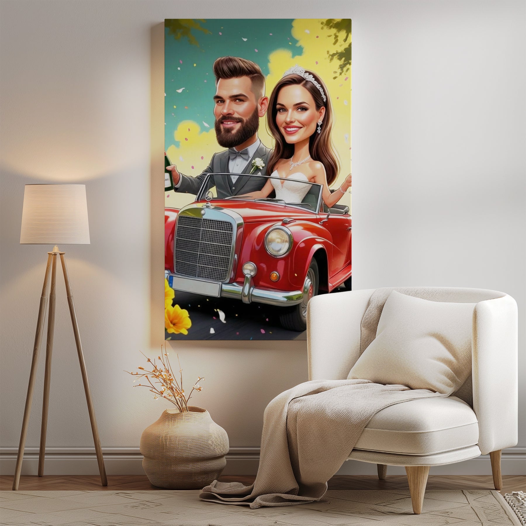 Personalized wedding caricature of couple in vibrant red vintage convertible car