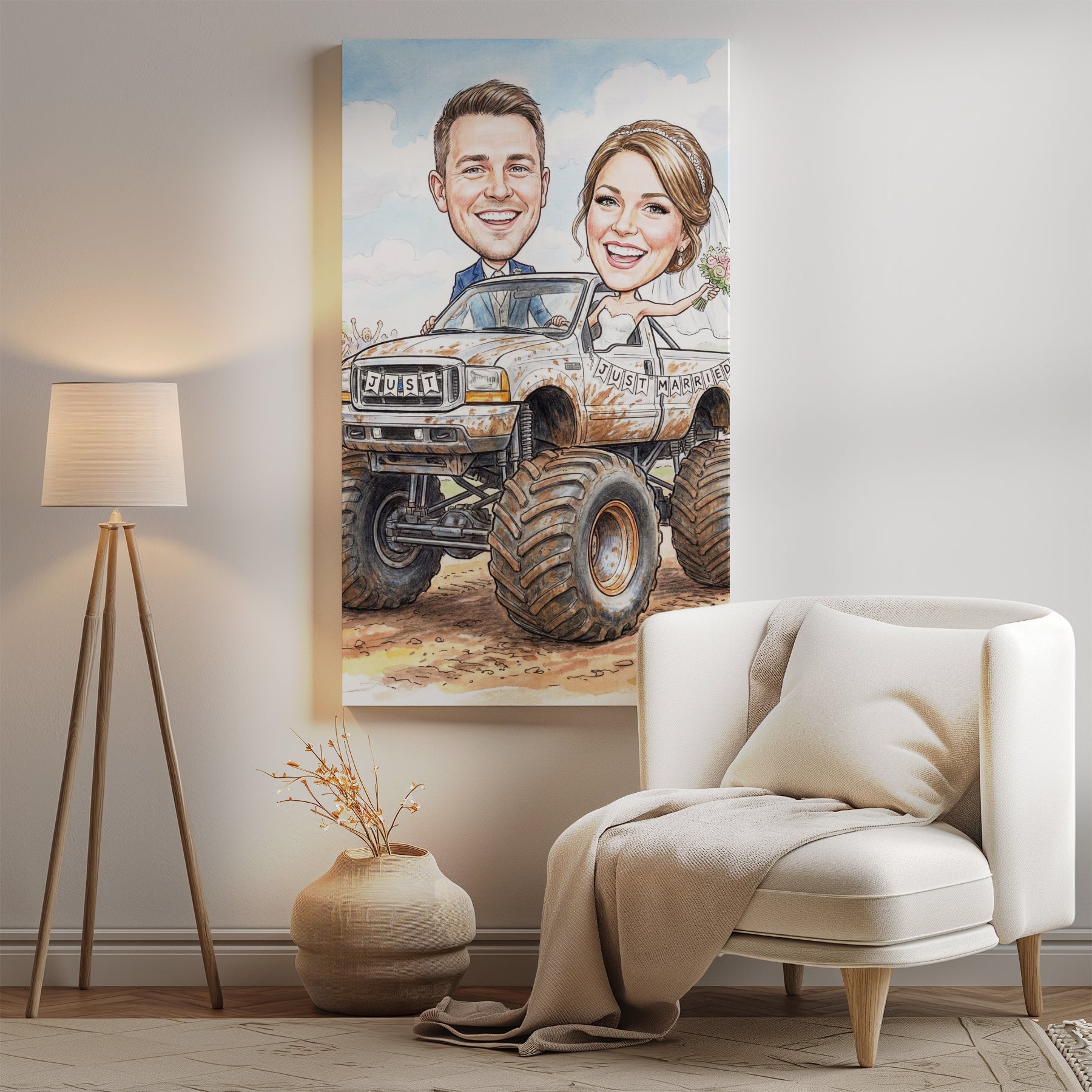 Personalized wedding caricature of smiling couple in monster truck with Just Married