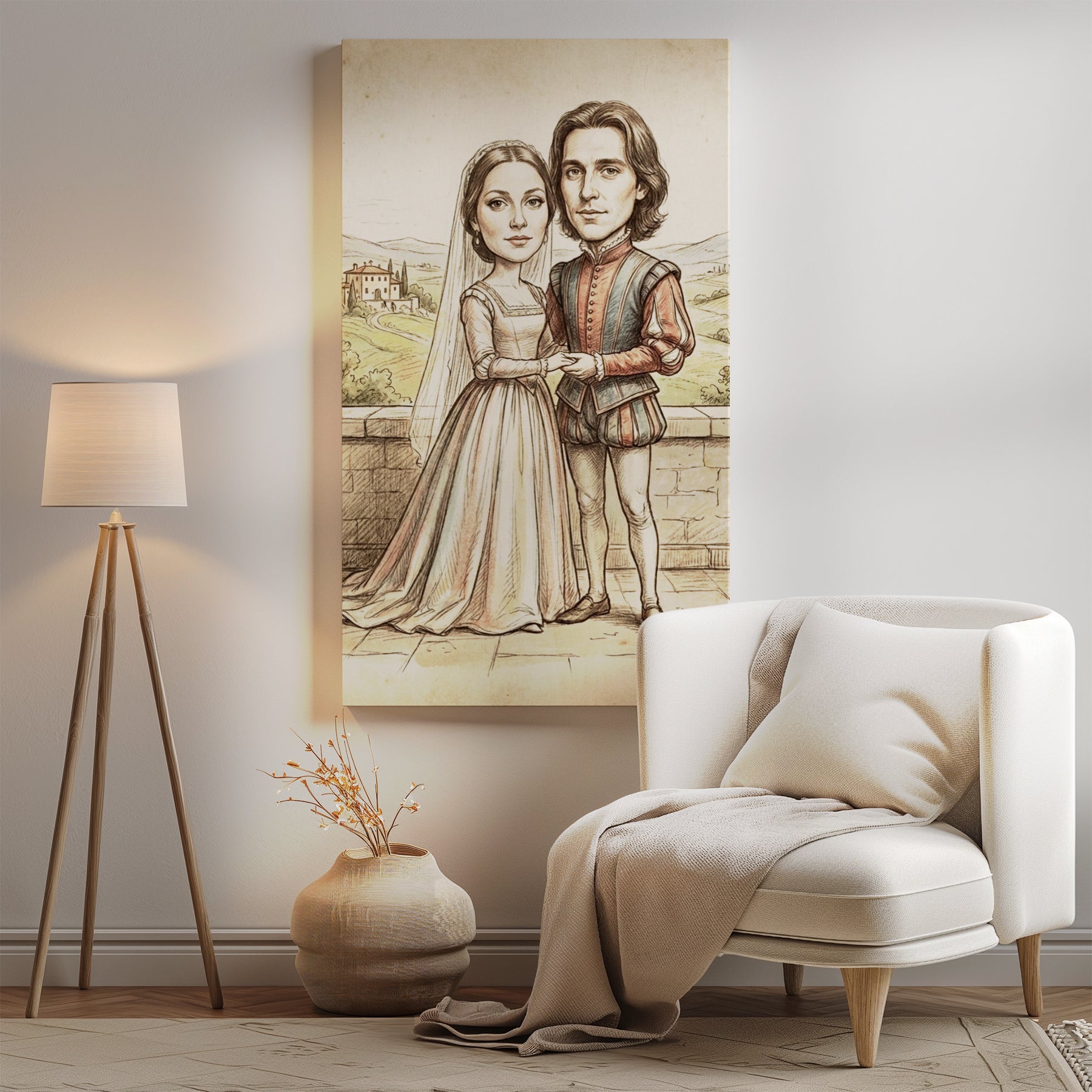 Personalized Renaissance wedding caricature portrait of couple in beige canvas