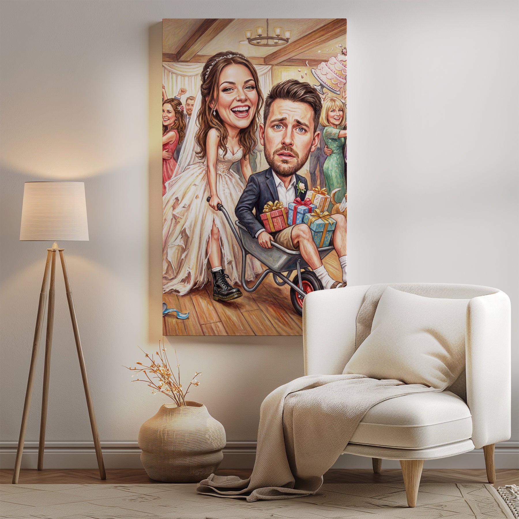Personalized wedding caricature canvas print of smiling bride and groom on wheelbarrow with gifts
