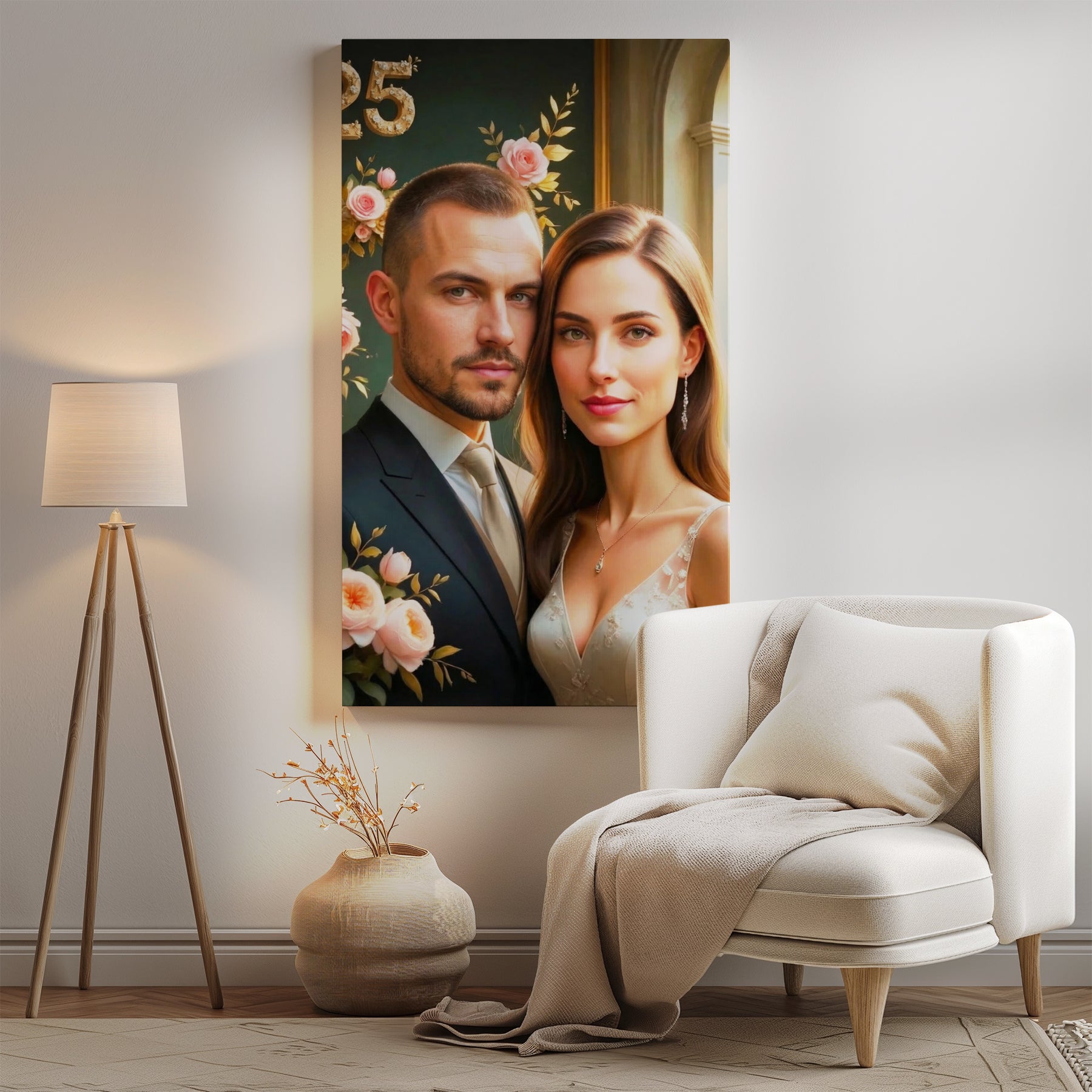 Elegant personalized wedding caricature portrait of bride and groom in roses
