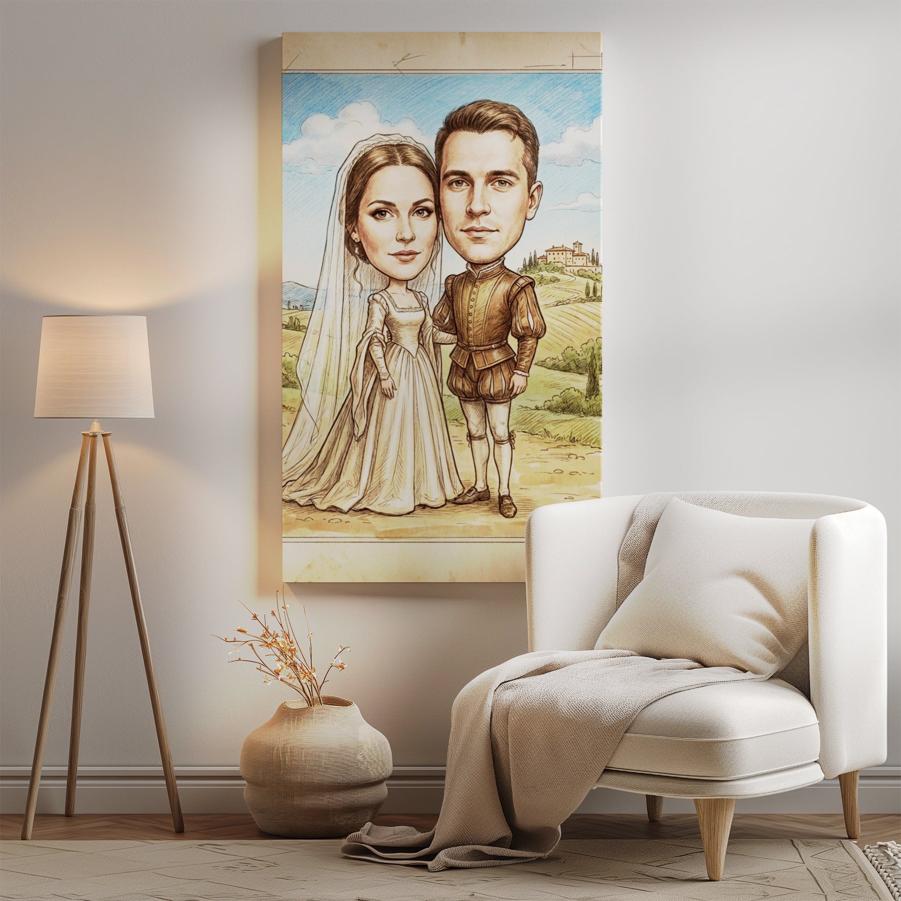 Framed retro caricature portrait of bride and groom in vintage attire