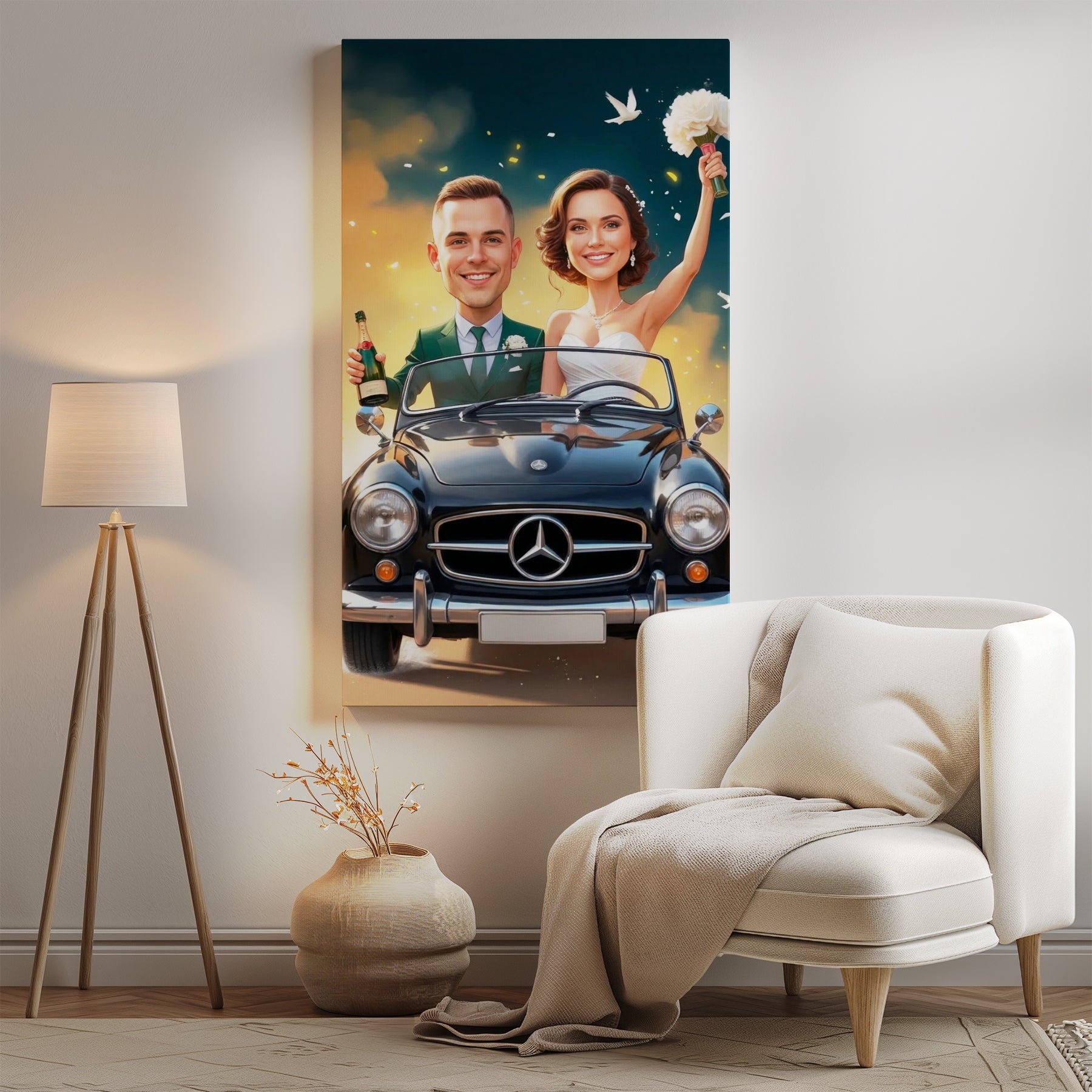 Black Mercedes-Benz convertible wedding caricature portrait with smiling couple