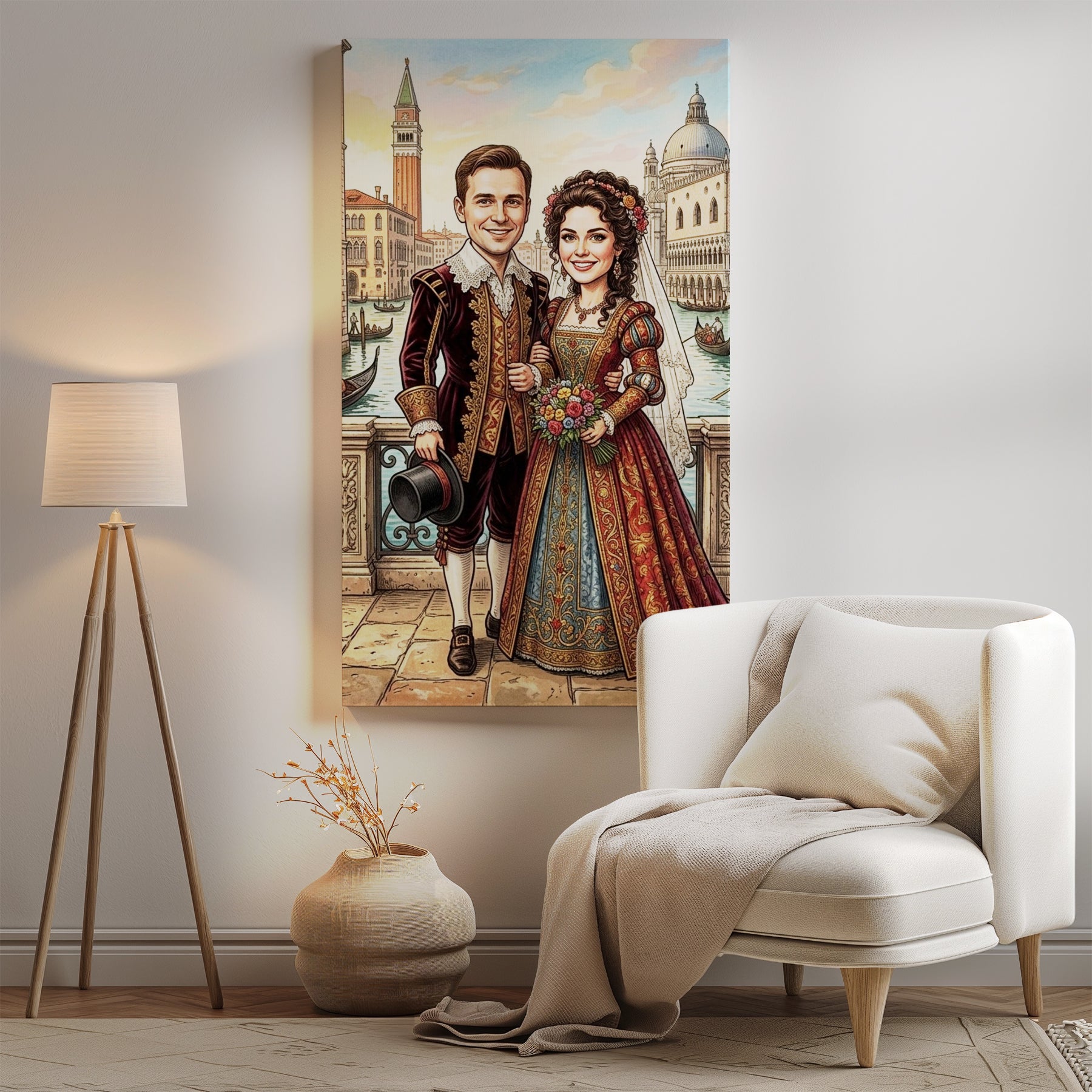 Caricature wedding portrait of couple in Renaissance attire on Venetian bridge
