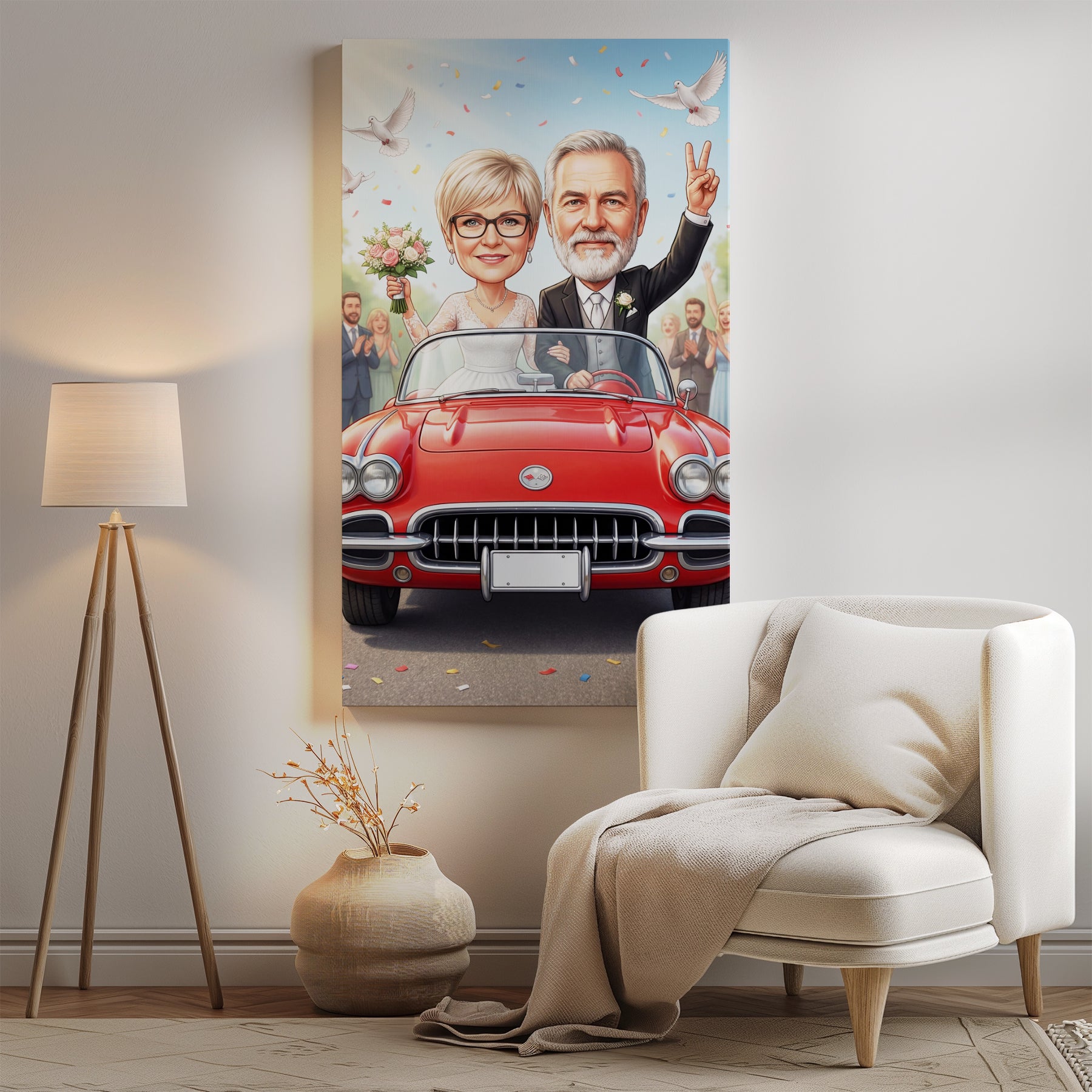 Cartoon red convertible car in personalized wedding anniversary portrait