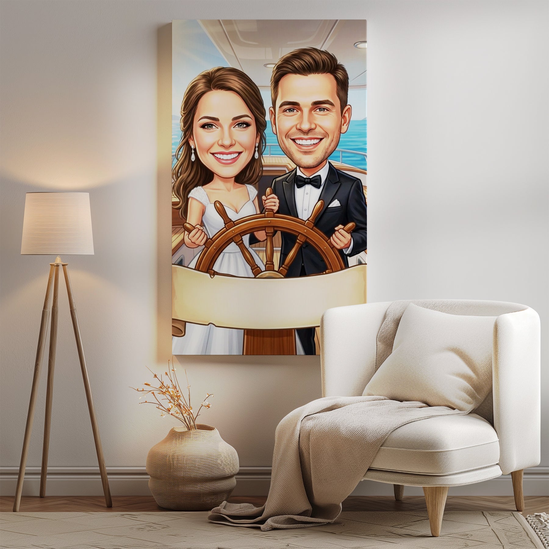 Personalized wedding caricature of smiling couple on yacht, bride in white dress, groom in tuxedo