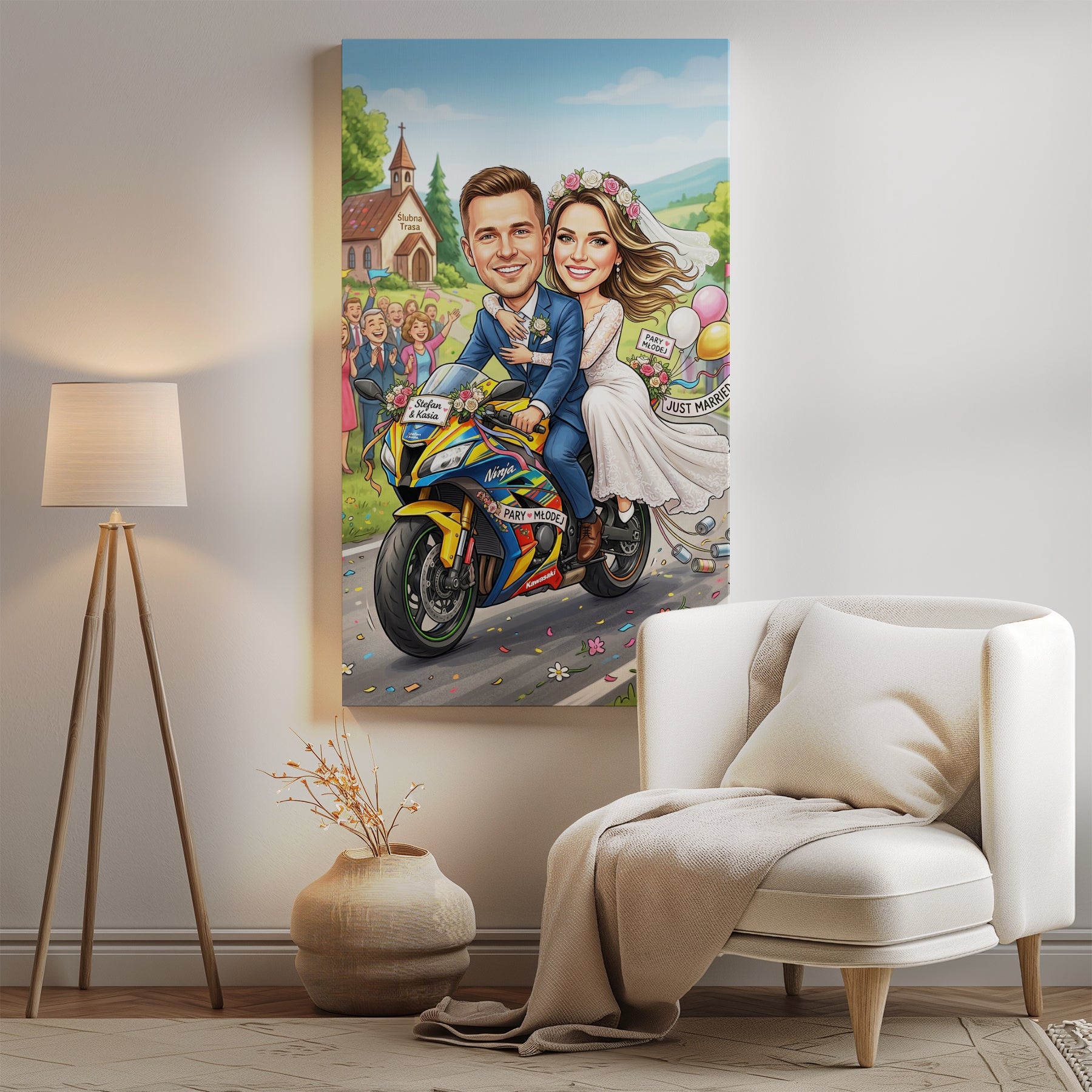 Vibrant cartoon wedding print of smiling couple on motorcycle with just married and names