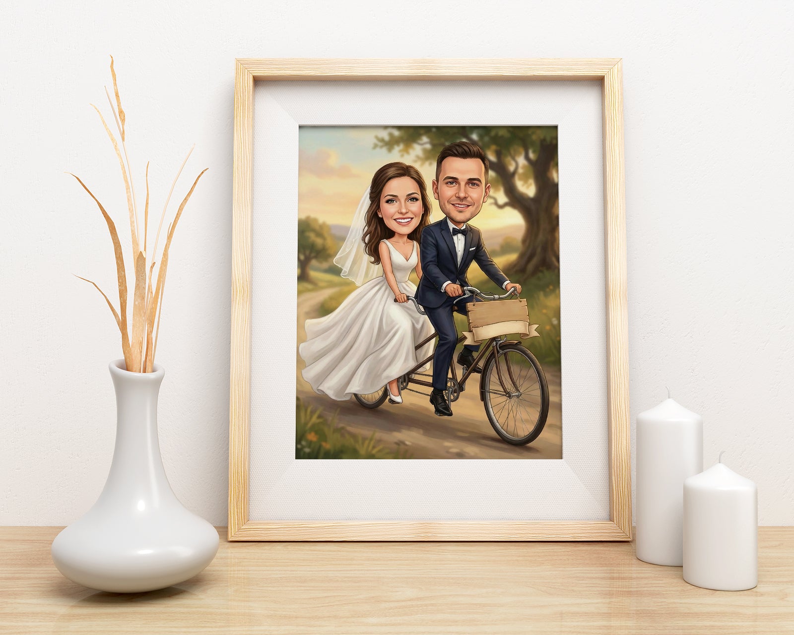 Framed personalized wedding caricature of bride and groom on tandem bike