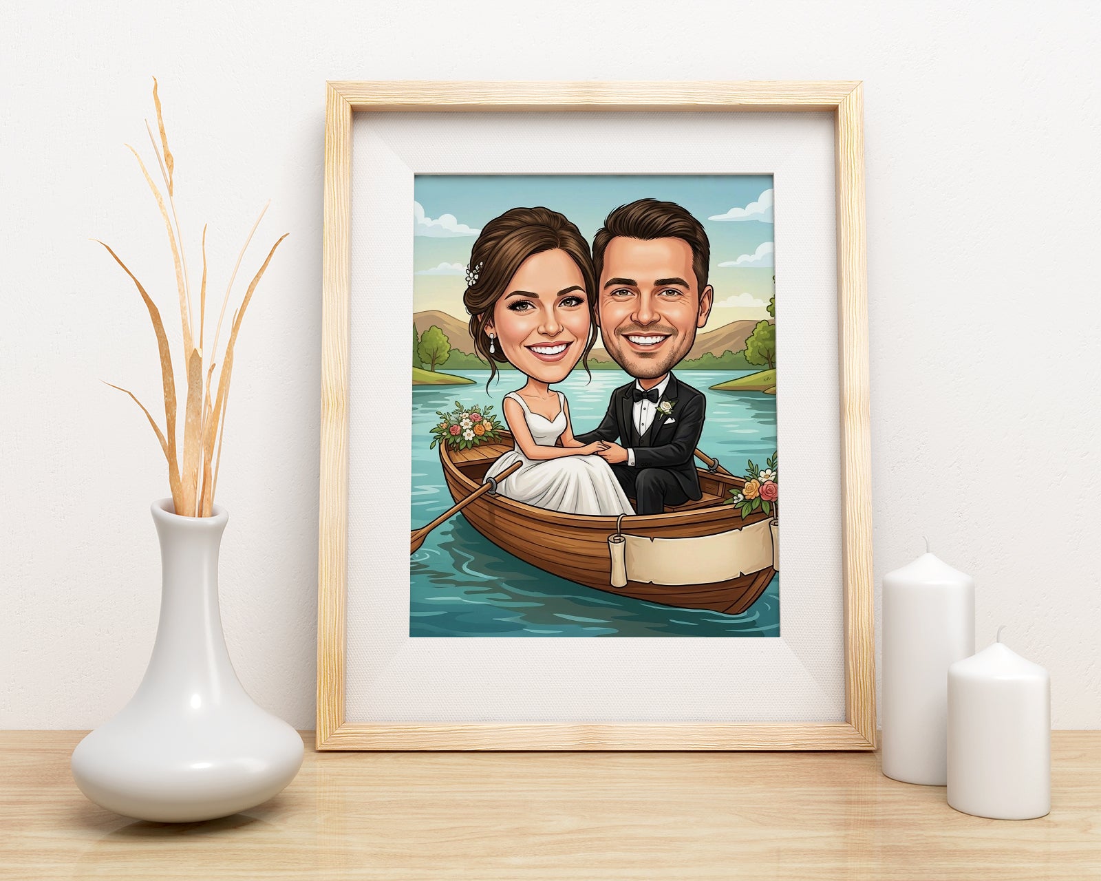 Personalized wedding caricature of smiling bride and groom in wooden boat on water