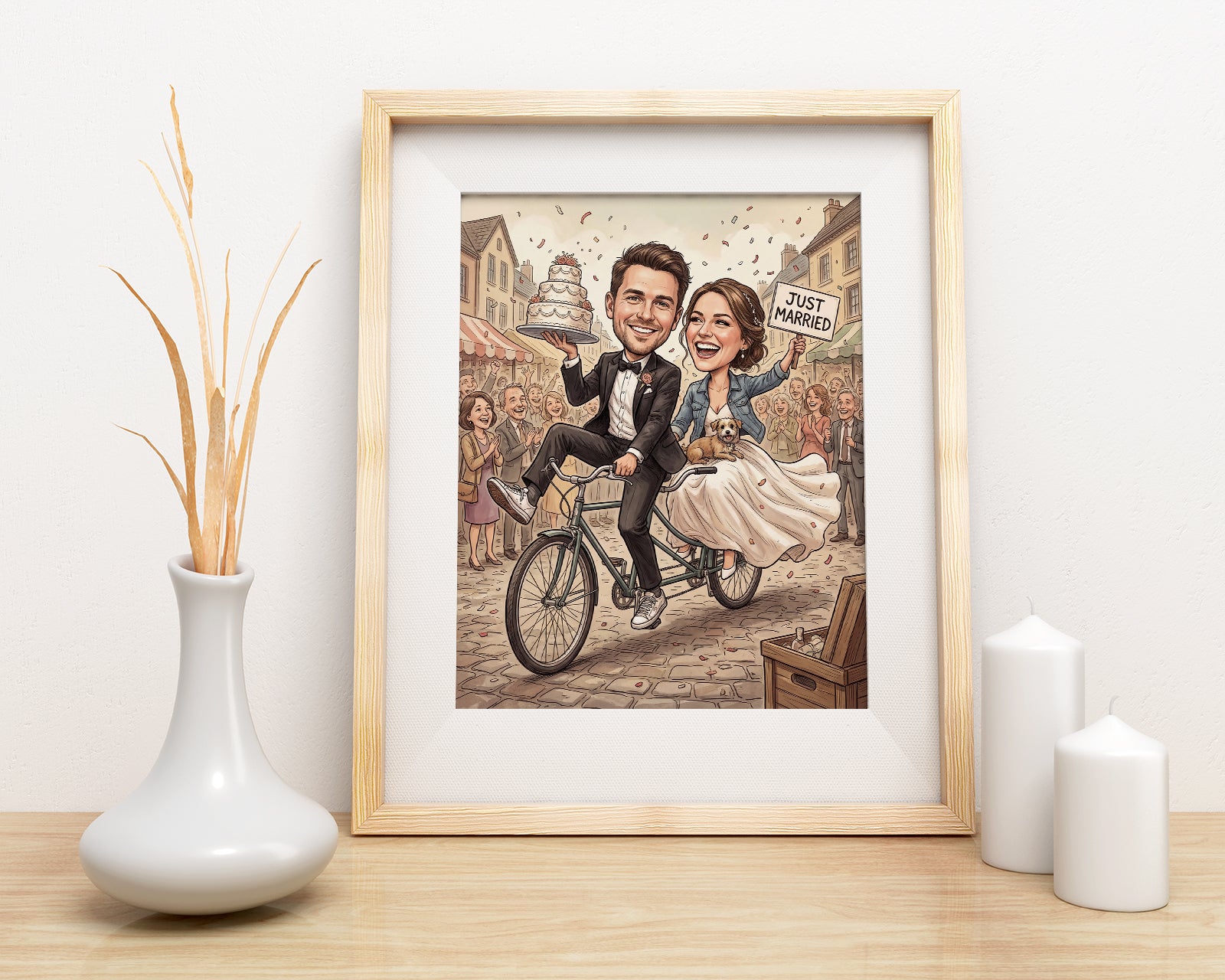 Framed personalized wedding caricature of couple on tandem bike with cake and just married sign