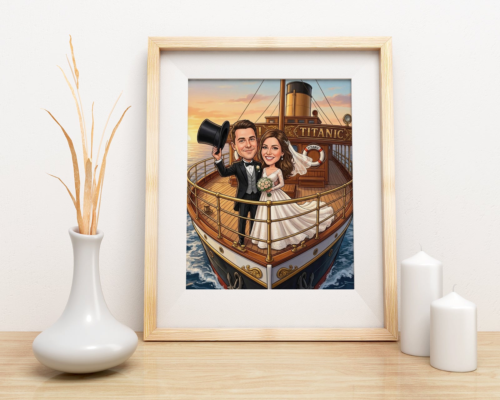 Framed Titanic caricature of wedding couple in tuxedo and gown