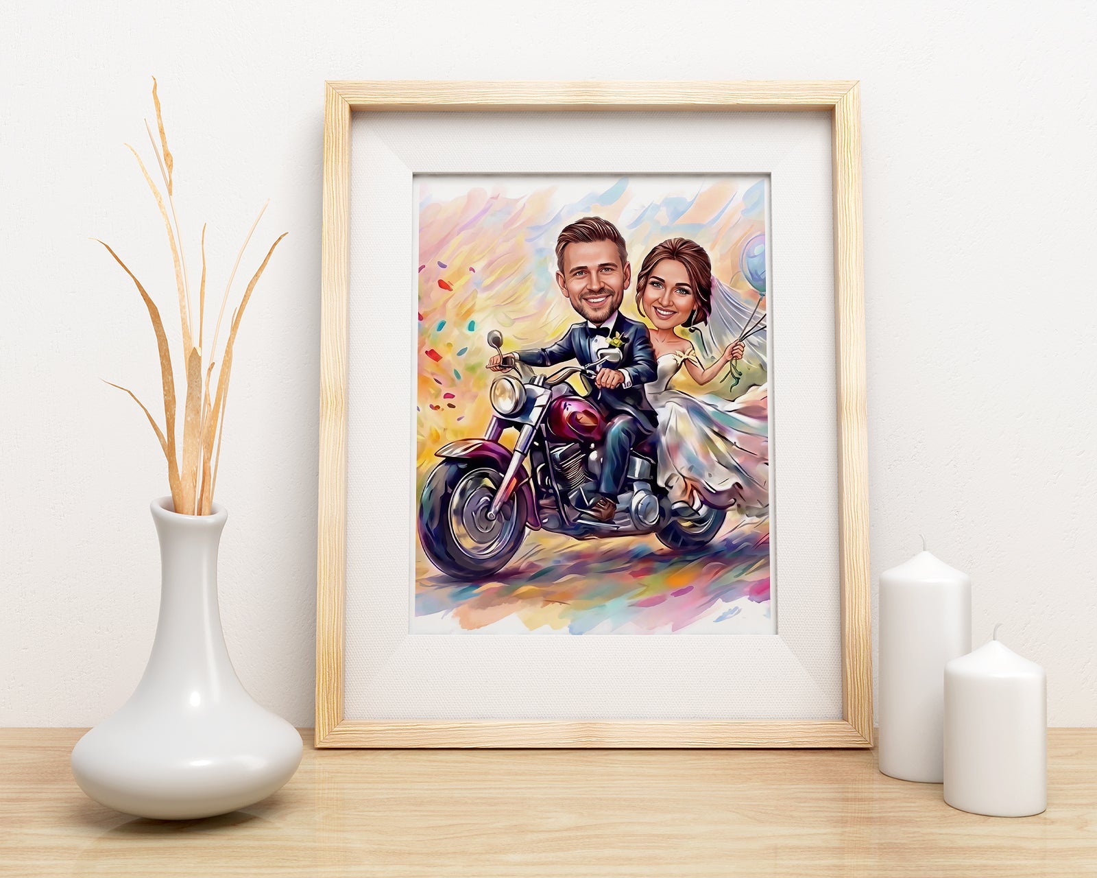 Framed watercolor caricature of smiling wedding couple on motorcycle