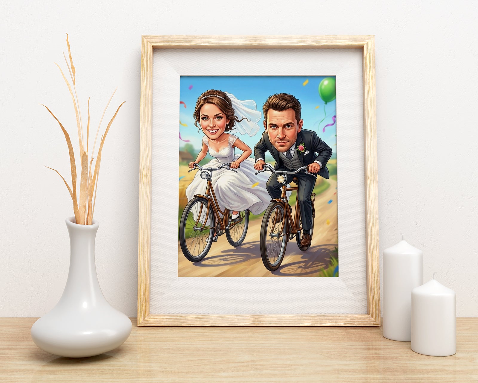 Framed personalized wedding caricature of bride and groom on bicycles