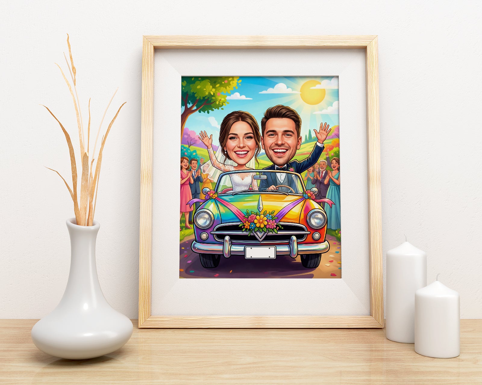 Colorful personalized wedding caricature print of smiling couple in vintage rainbow car