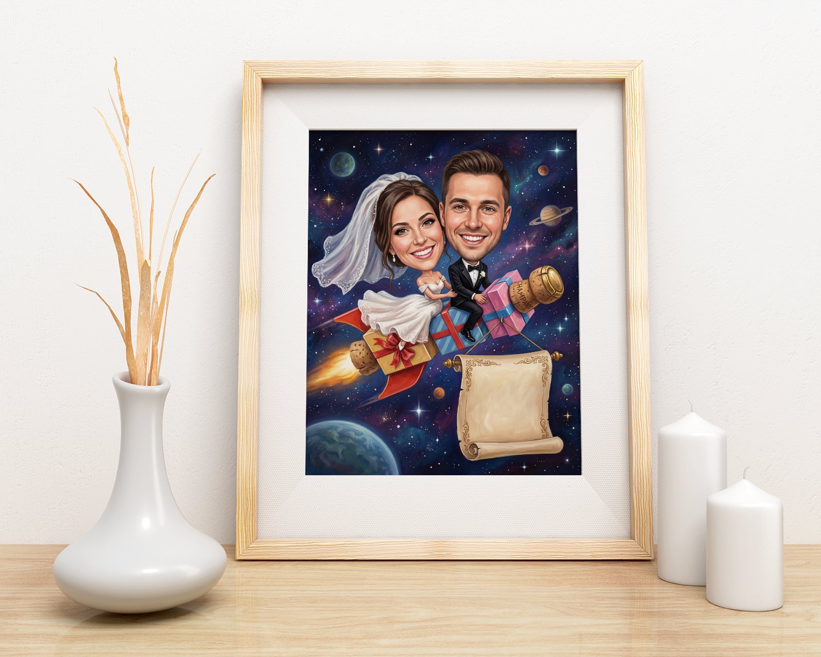 Personalized space wedding caricature portrait of smiling couple with gifts