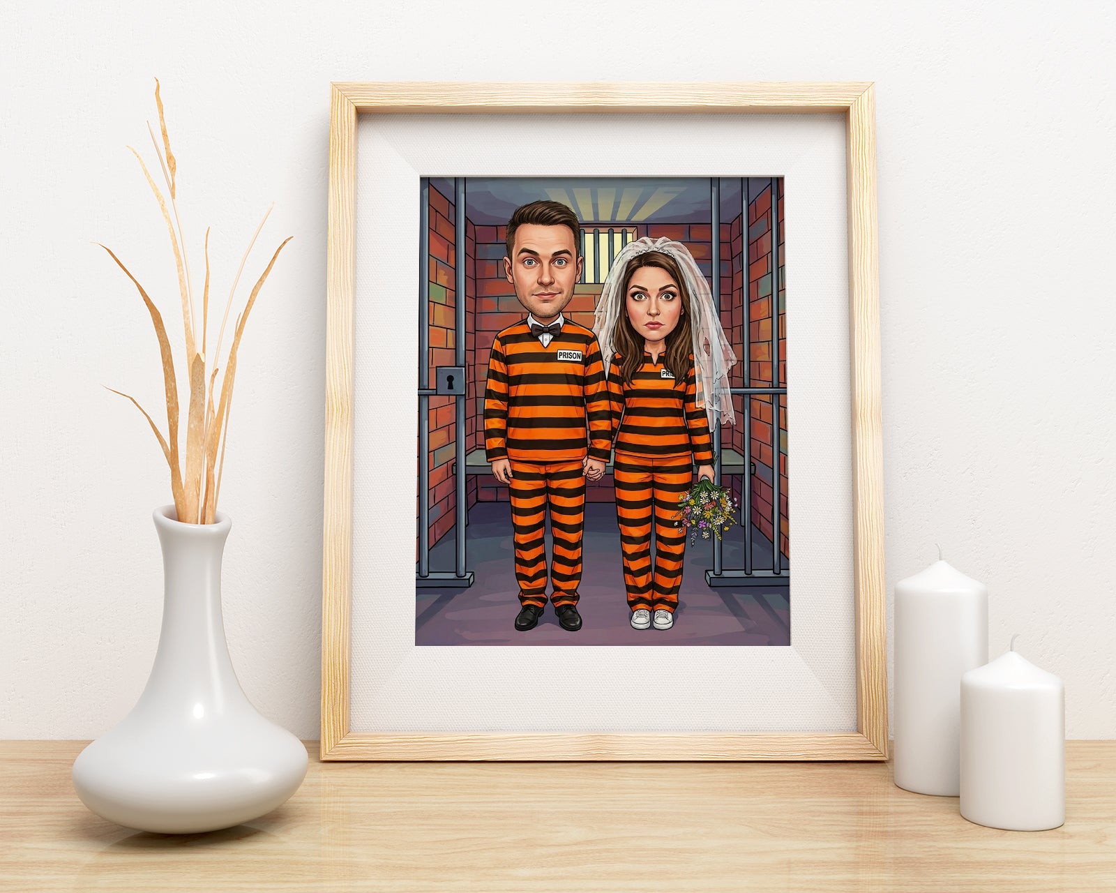 Personalized wedding caricature of couple in prison uniforms in jail cell