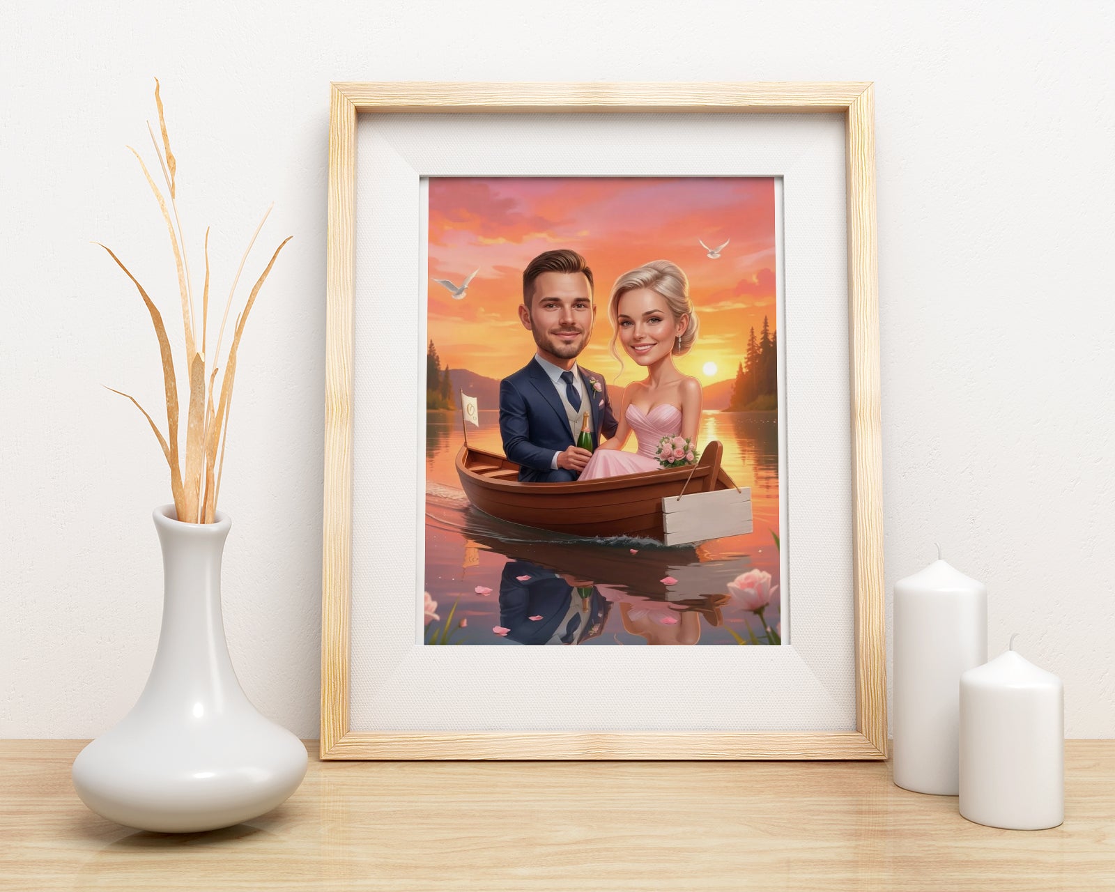 Framed romantic wedding caricature of smiling couple in boat at sunset