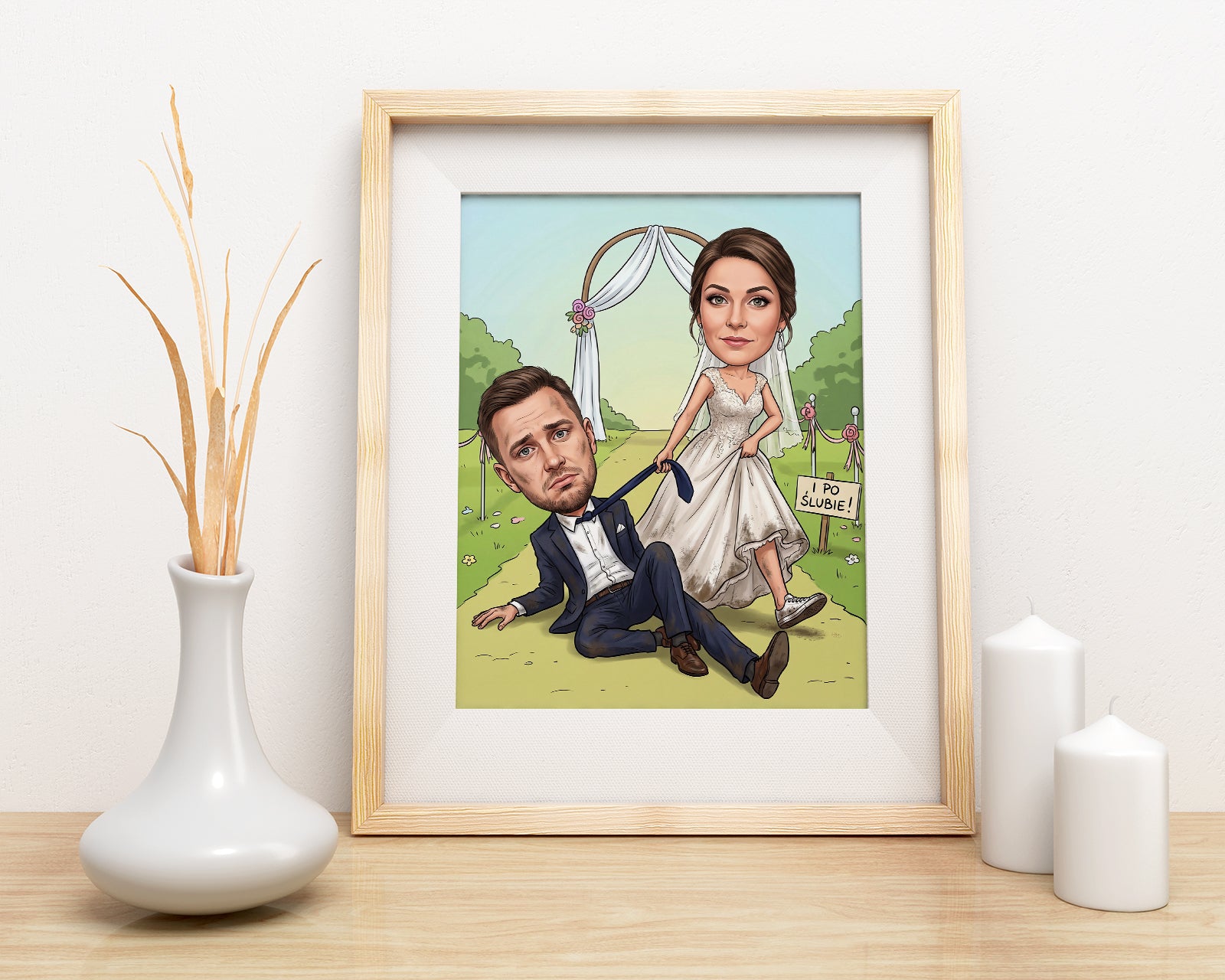 Framed personalized wedding caricature gift for bride and groom