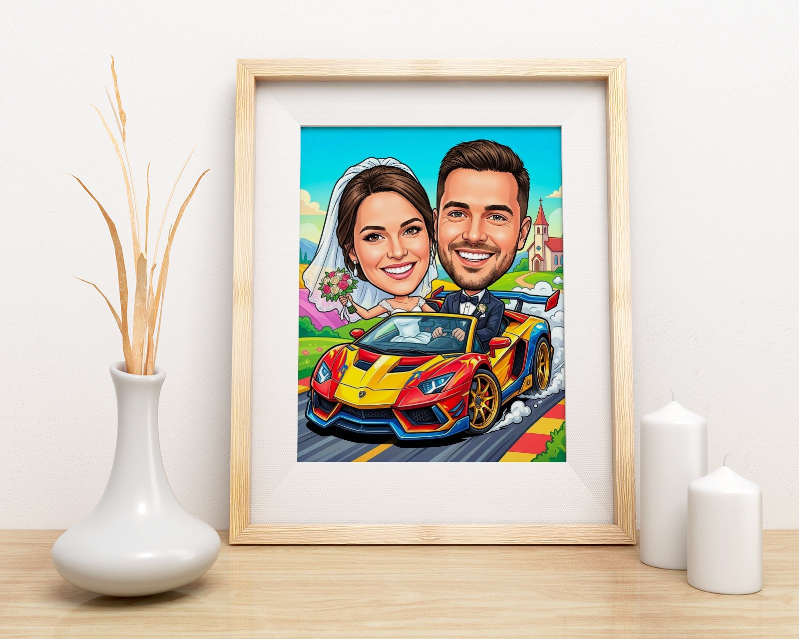 Framed caricature of smiling young couple in yellow red sports car wedding gift