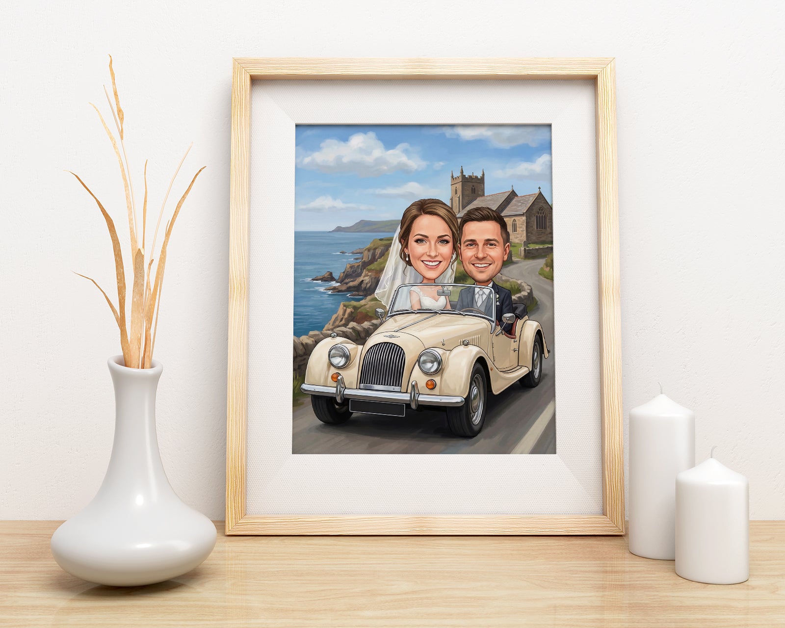 Personalized romantic wedding caricature of smiling couple in cream vintage convertible by coastal church