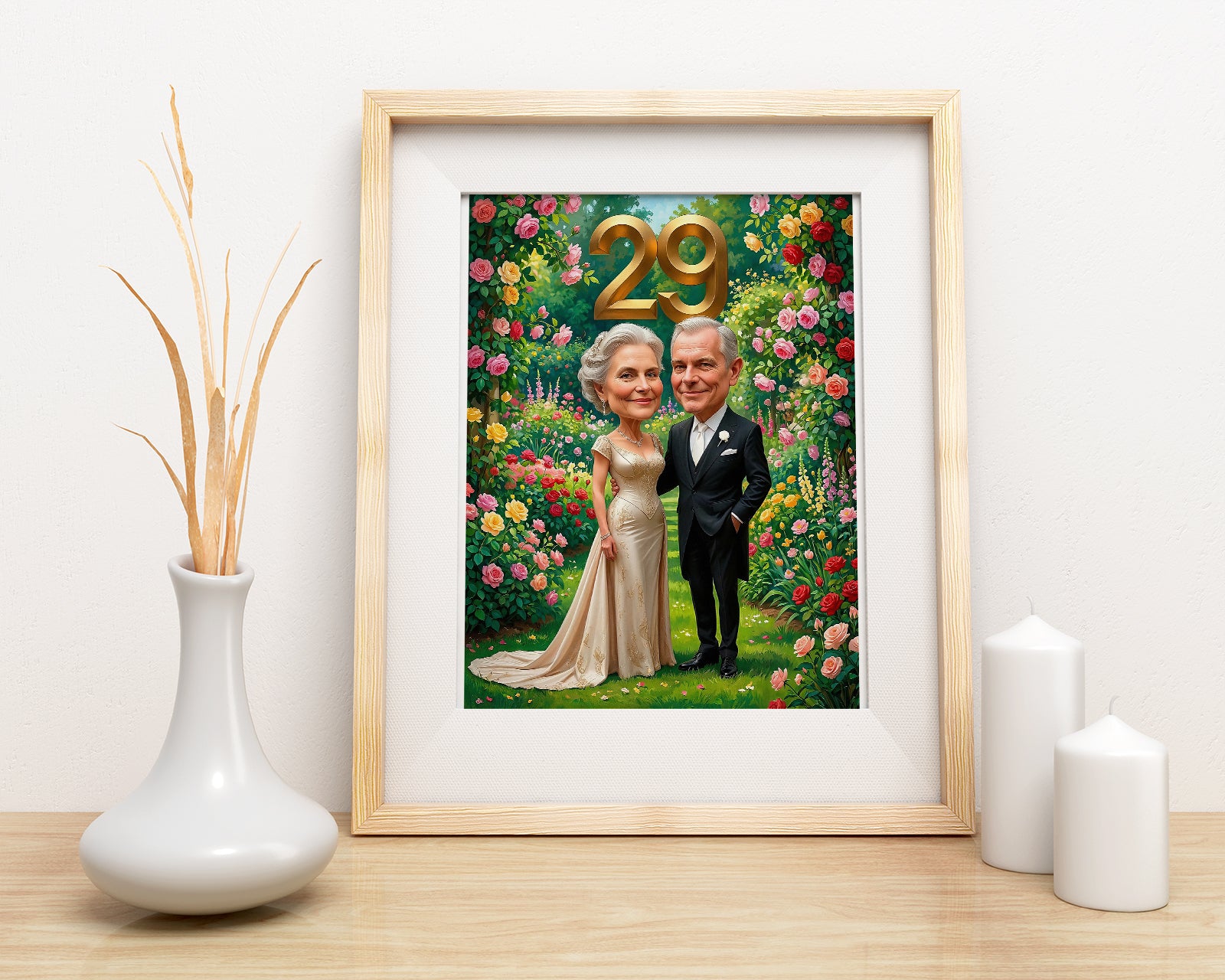 Personalized caricature of elderly couple in garden with 29 for parents wedding anniversary