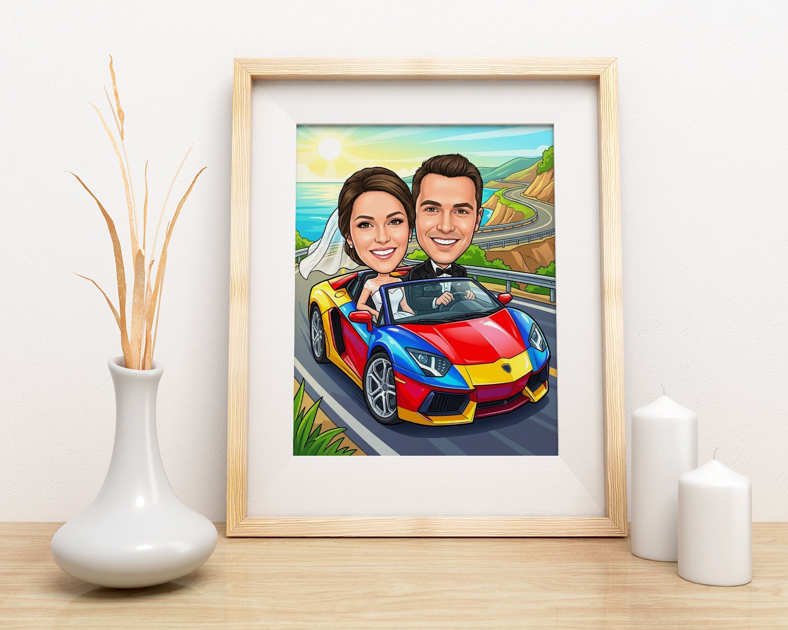 Colorful wedding caricature print of smiling bride and groom in sports car, framed
