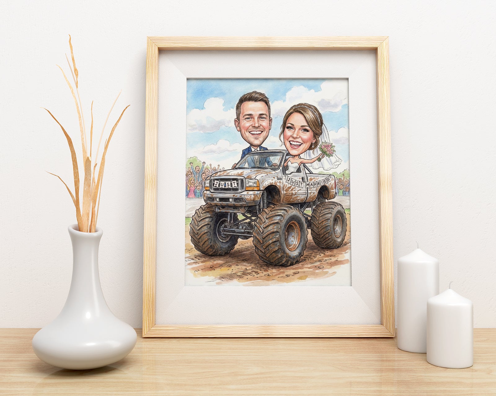 Framed caricature of smiling wedding couple in monster truck, personalized gift