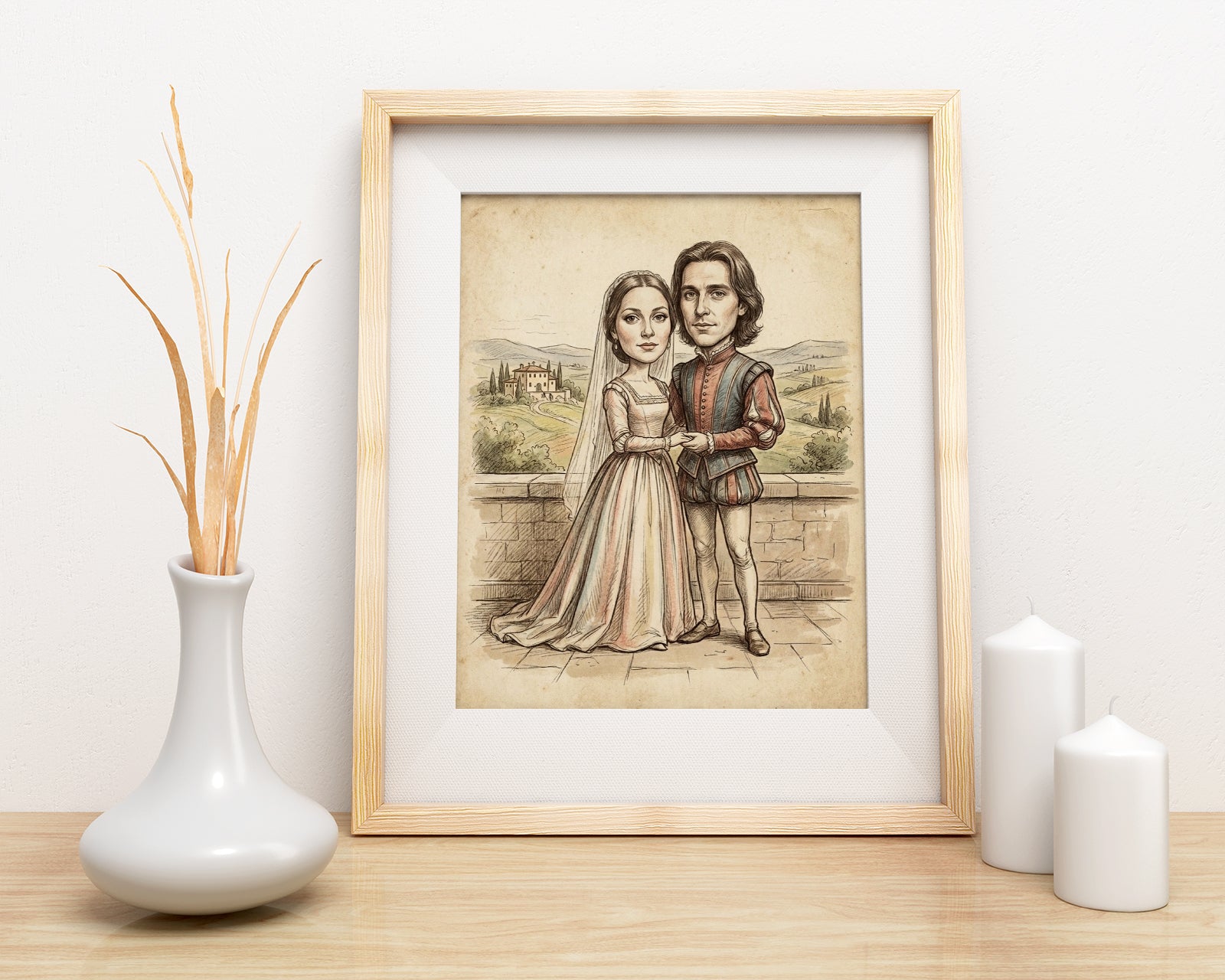 Framed Renaissance wedding caricature portrait with personalized names and date