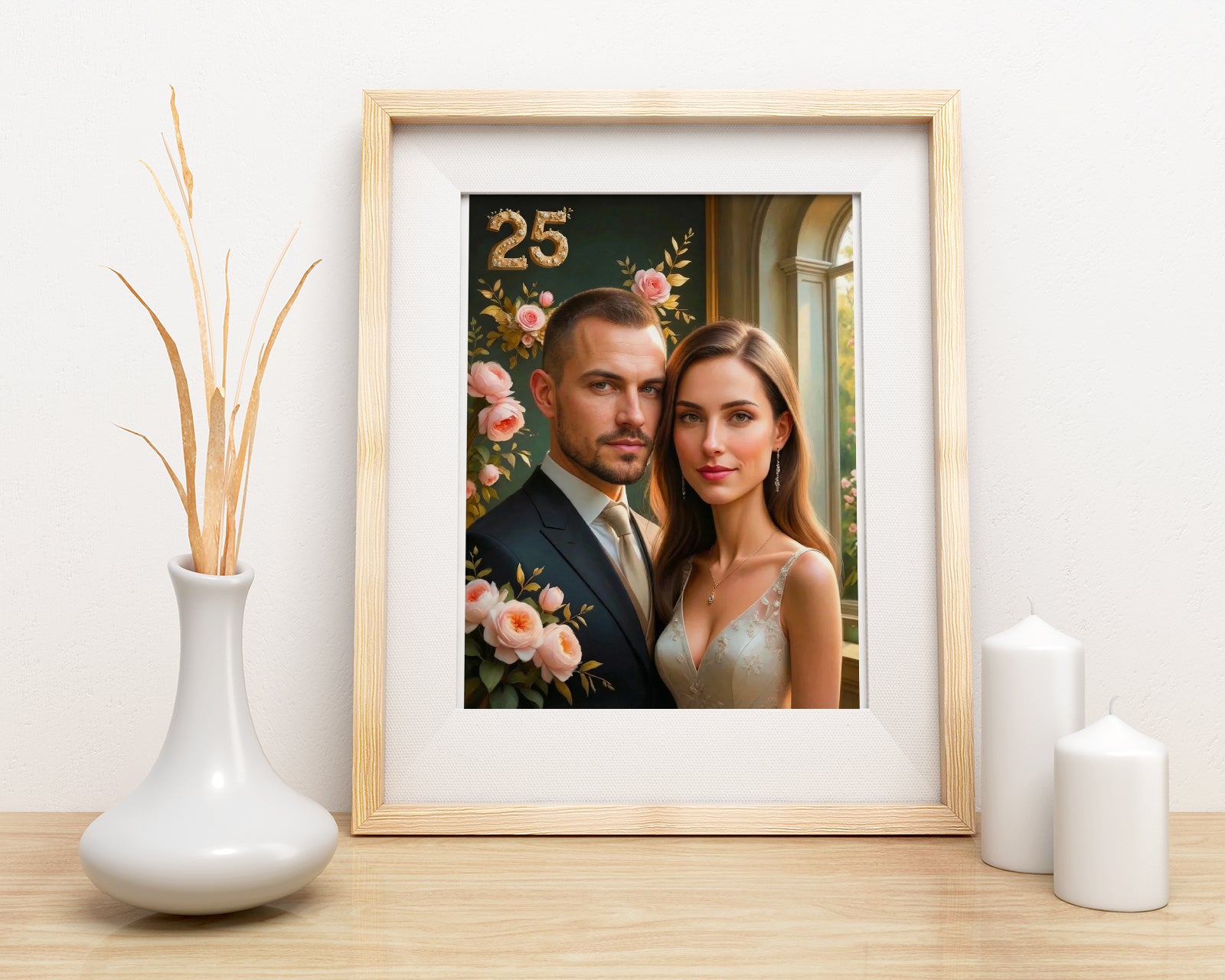 Framed elegant wedding caricature of couple with pink roses and 25th anniversary gold foil