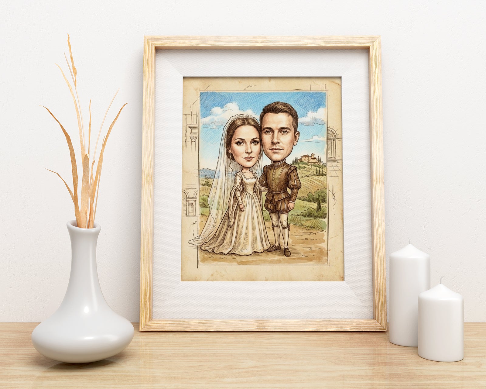 Framed retro caricature of bride and groom in Tuscan landscape, personalized wedding gift