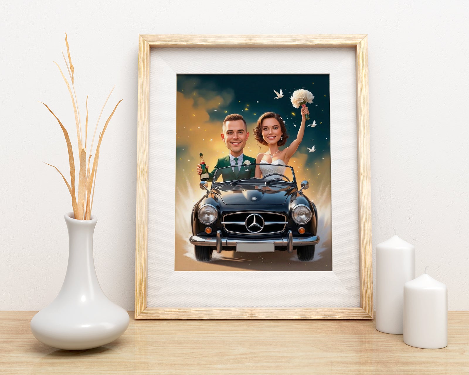 Framed wedding caricature of couple in black Mercedes-Benz convertible under starry sky