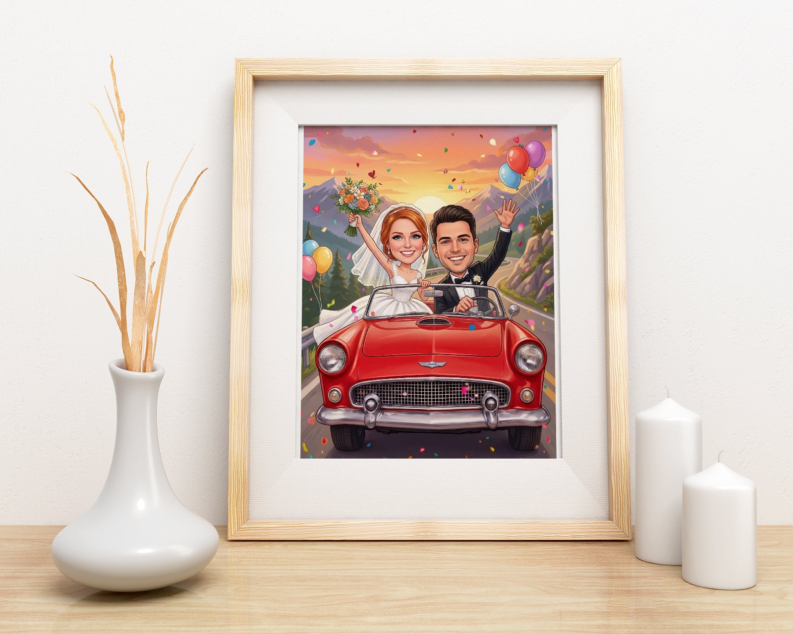 Personalized romantic wedding caricature print of bride and groom in red convertible with balloons, confetti, and mountain backdrop