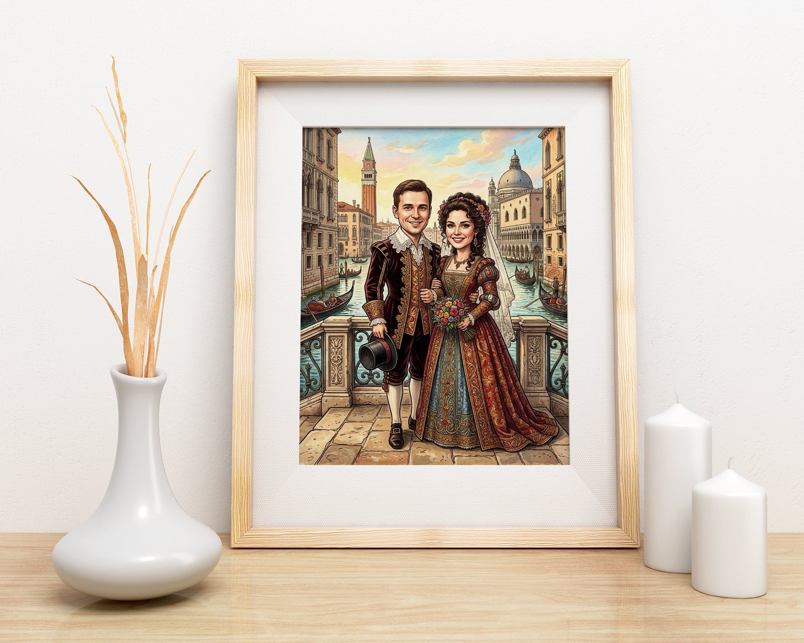 Framed Venetian wedding caricature portrait for newlyweds with canals