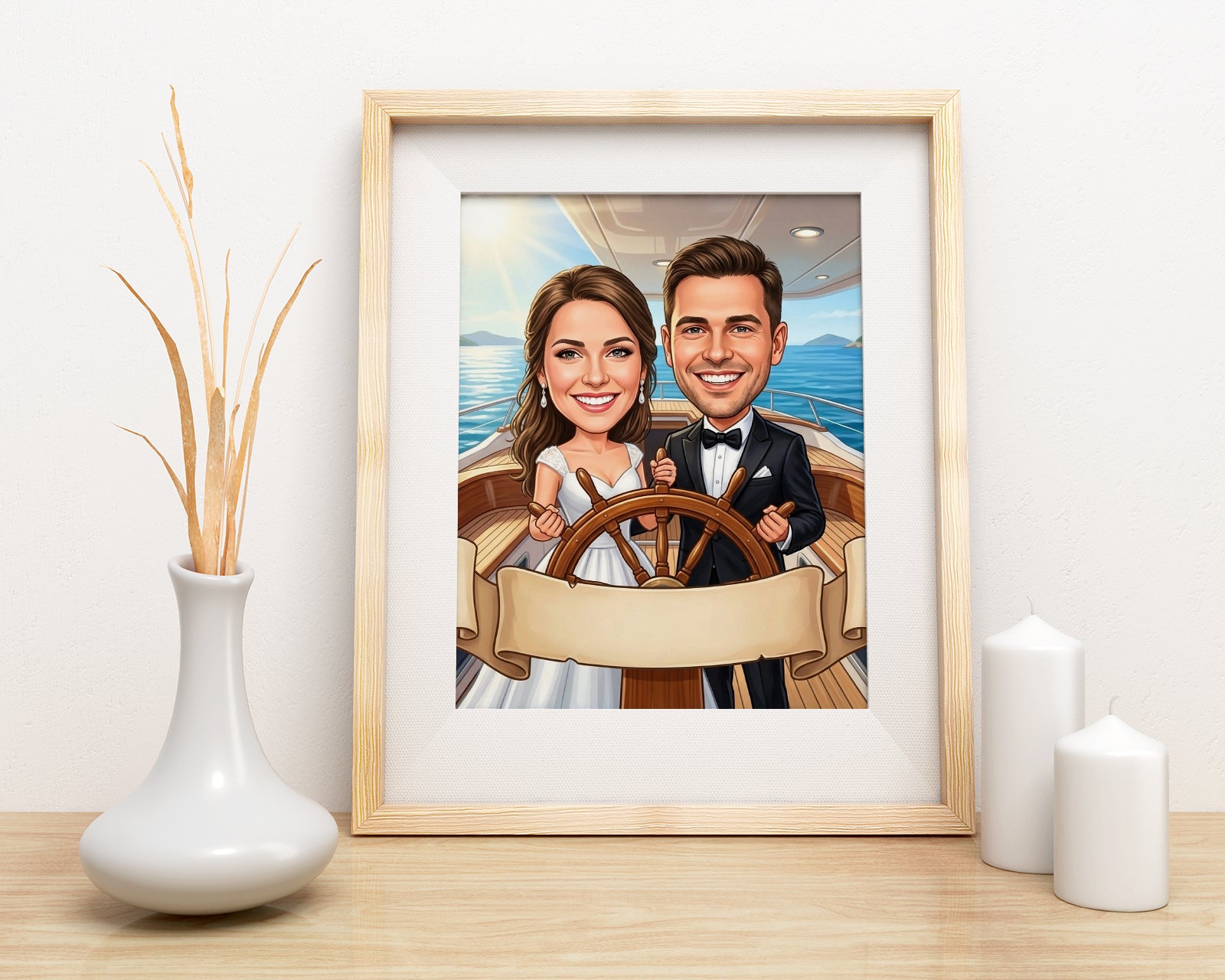 Personalized wedding caricature of smiling bride and groom on yacht