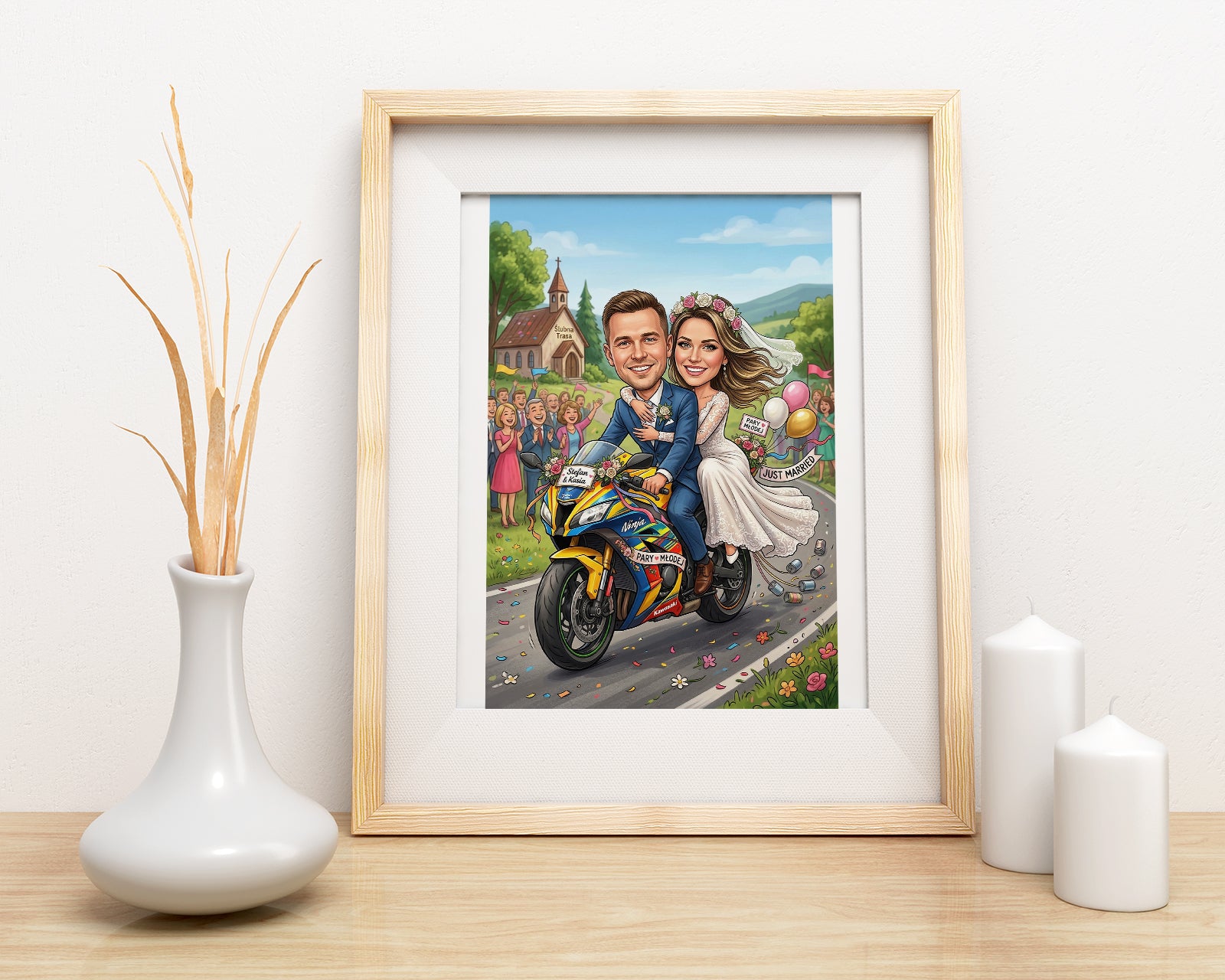 Framed personalized wedding caricature of couple on colorful motorcycle in countryside