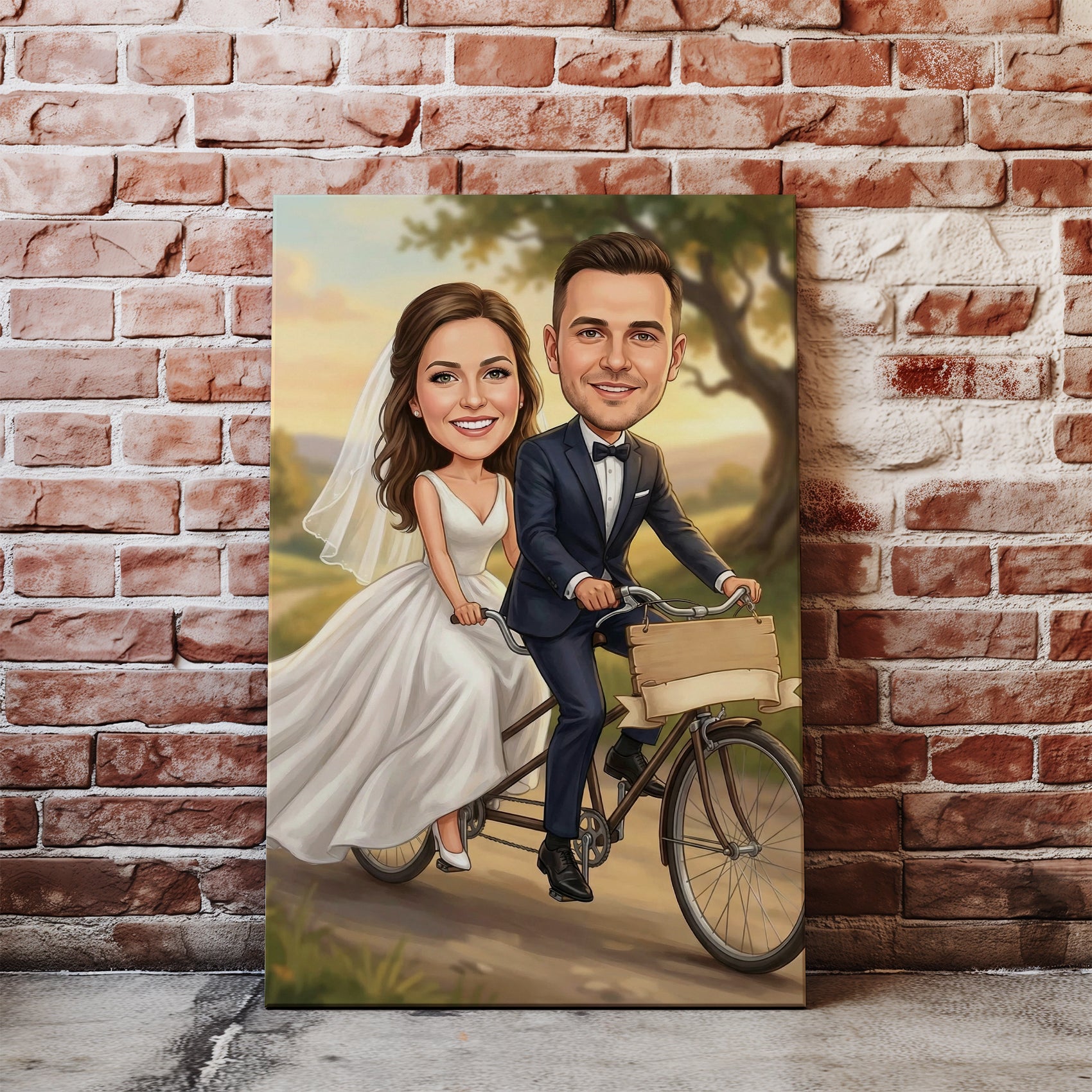 Personalized wedding caricature of smiling bride and groom on tandem bike