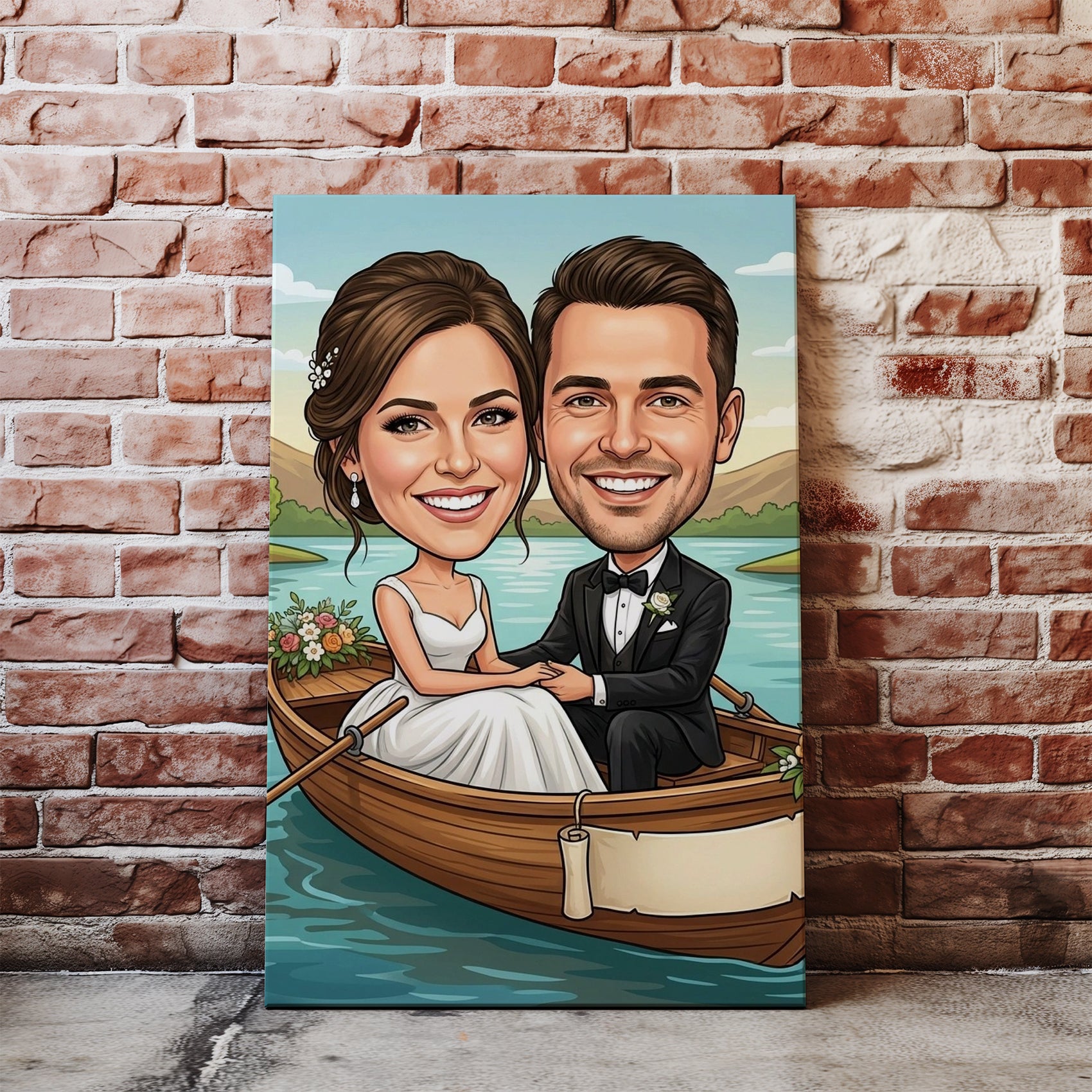 Personalized cartoon wedding caricature in boat on canvas