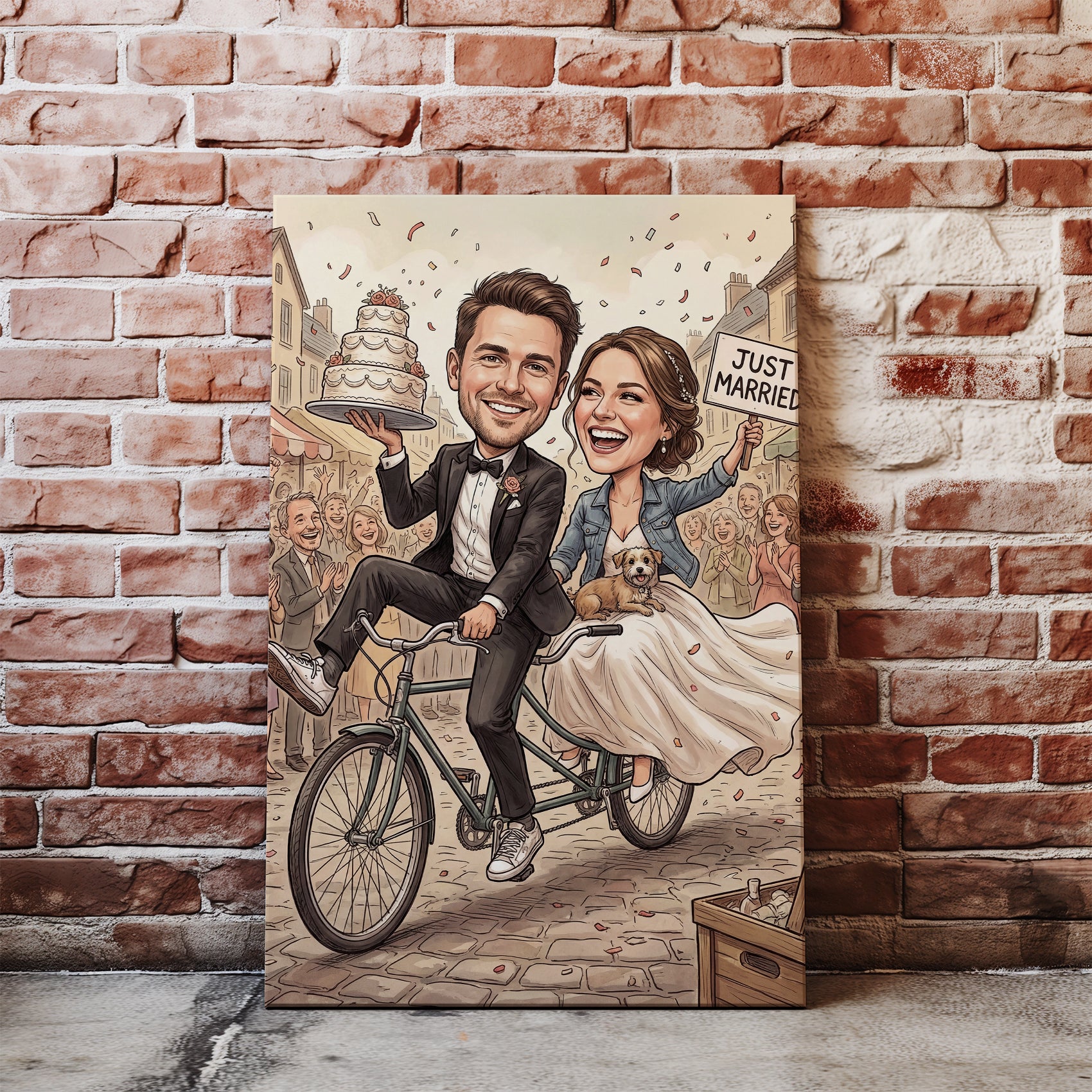 Whimsical personalized Karykatura ślubna na rowerze tandem wedding canvas portrait