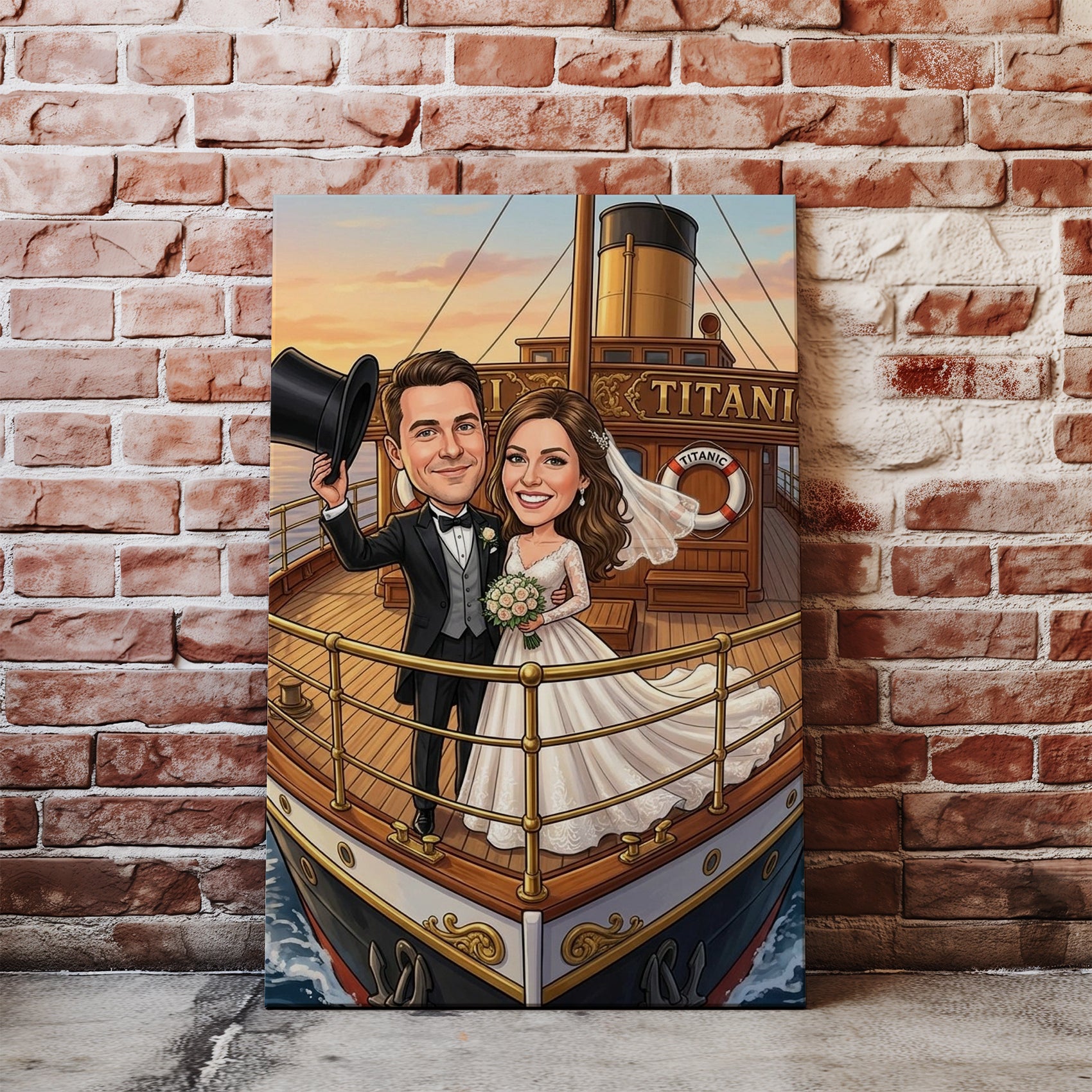 Caricature canvas print of smiling Titanic couple in wedding attire