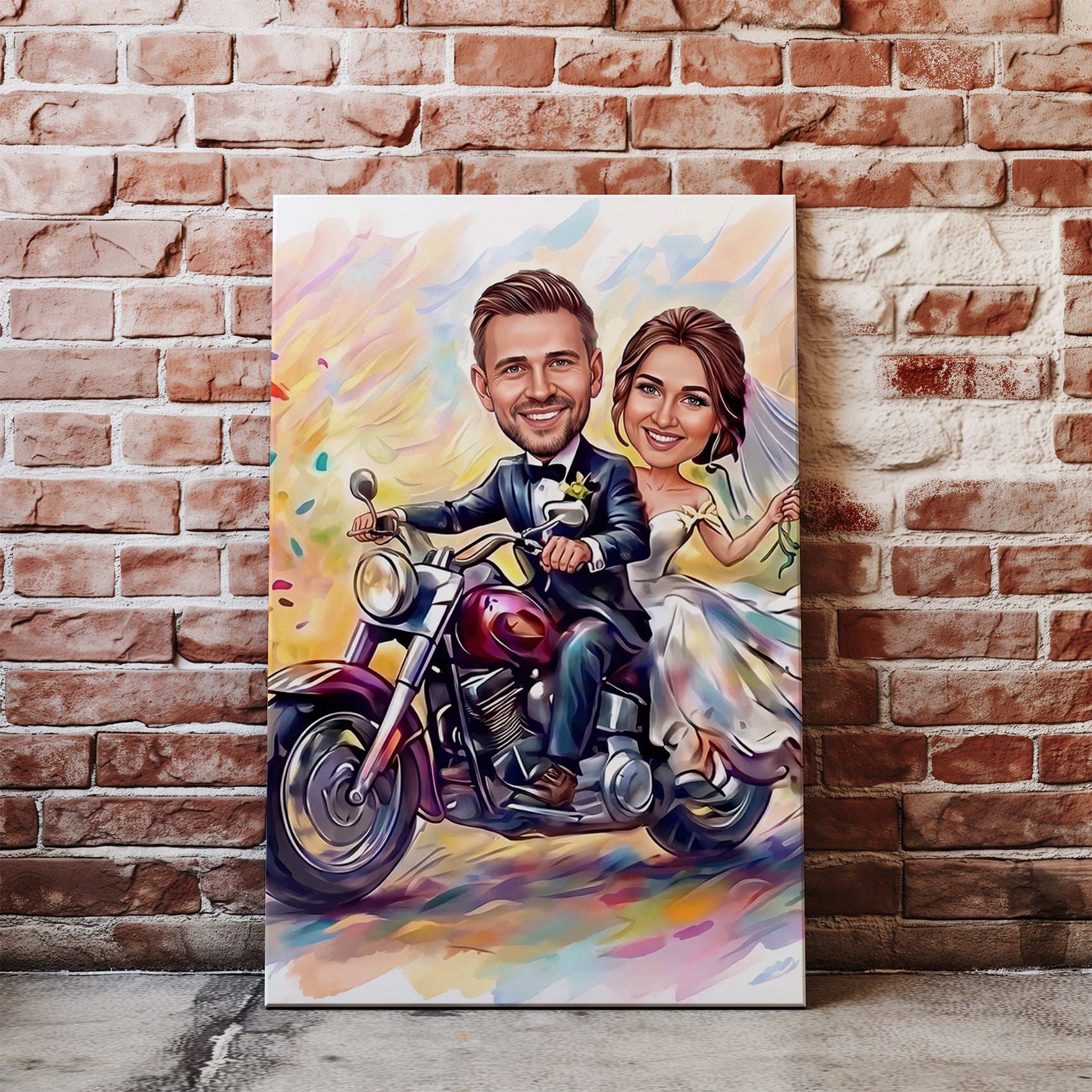 Personalized cartoon wedding caricature on motorcycle canvas print