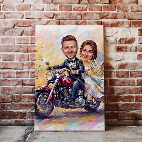 Personalized cartoon wedding caricature on motorcycle canvas print