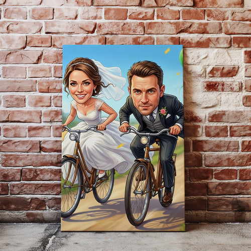Personalized wedding caricature canvas print of bride and groom on vintage bicycles