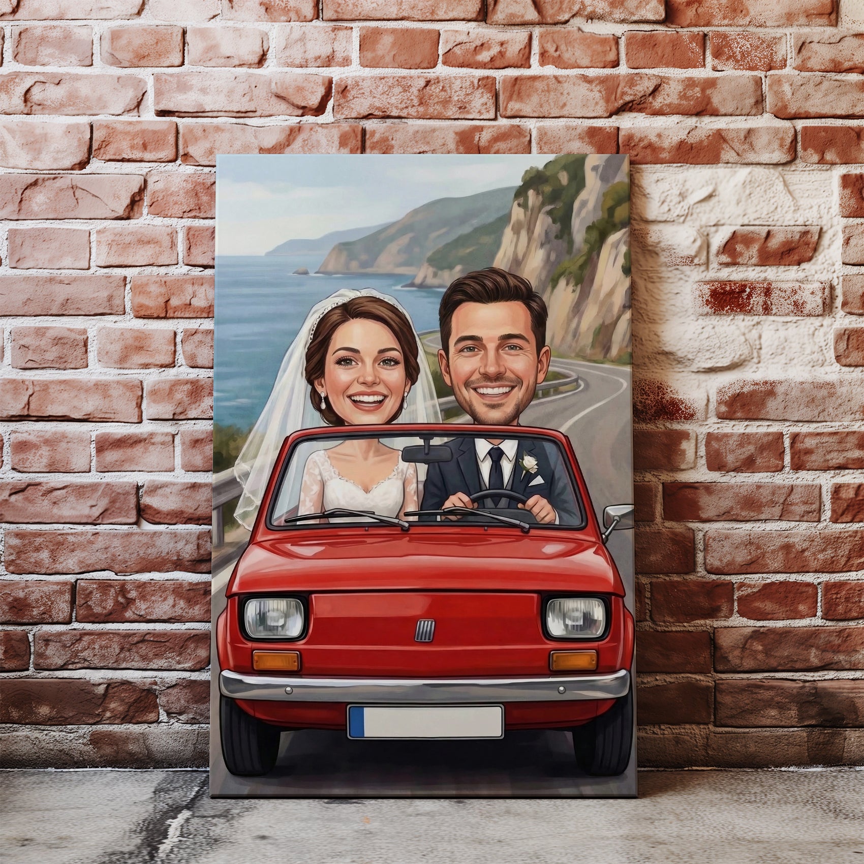 Vibrant red vintage Fiat 500 cartoon canvas print with smiling bride and groom
