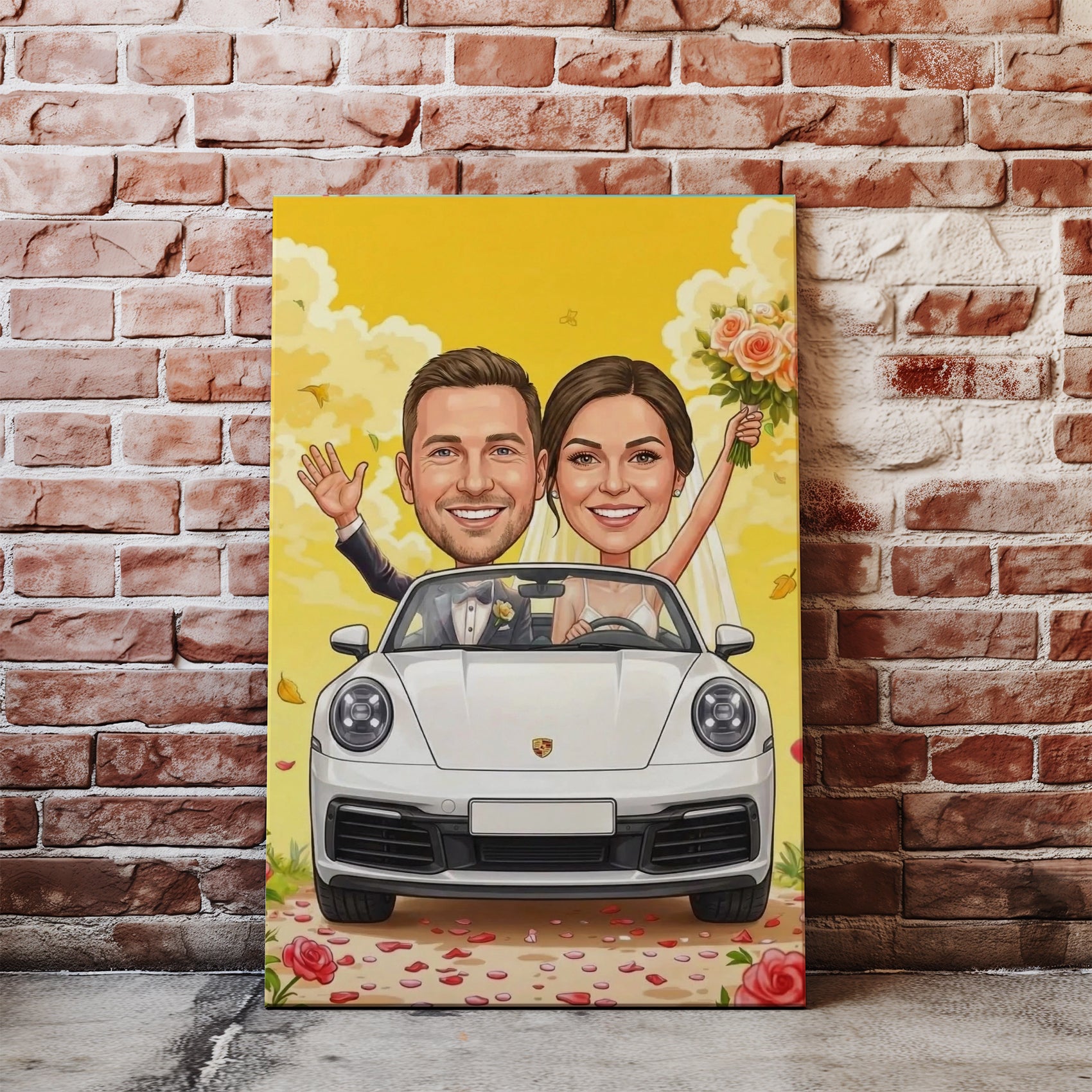 Vibrant yellow wedding caricature print of smiling couple in Porsche 911 with roses
