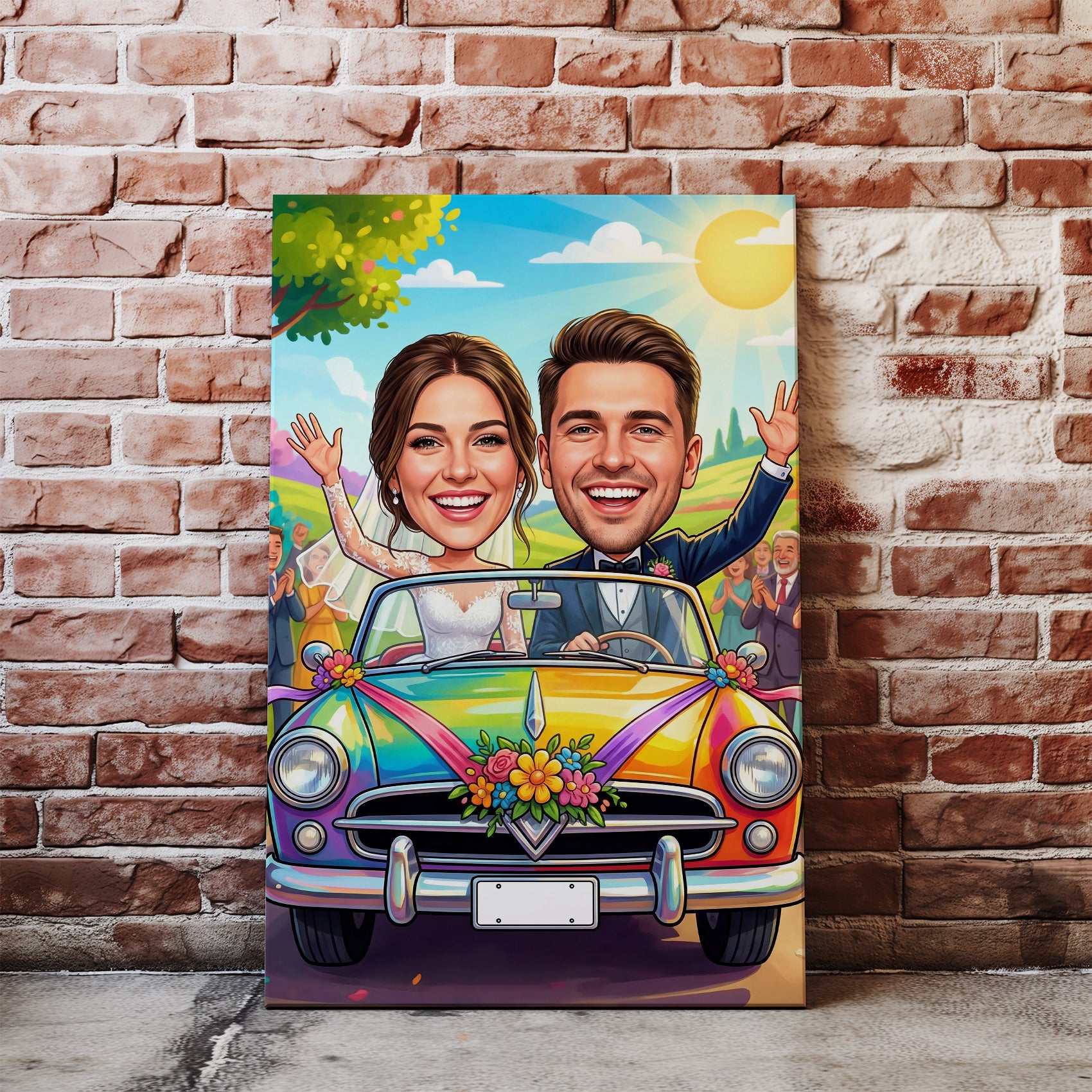 Vibrant personalized colorful wedding caricature couple in rainbow vintage car
