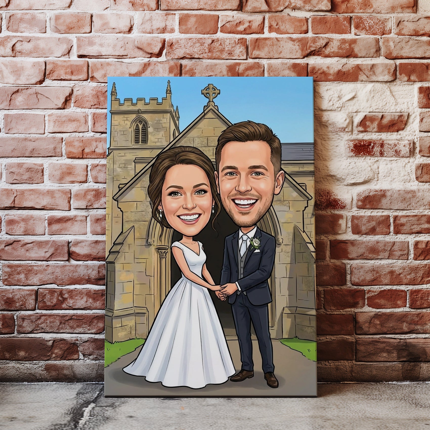 Colorful cartoon portrait of smiling bride and groom before church on canvas