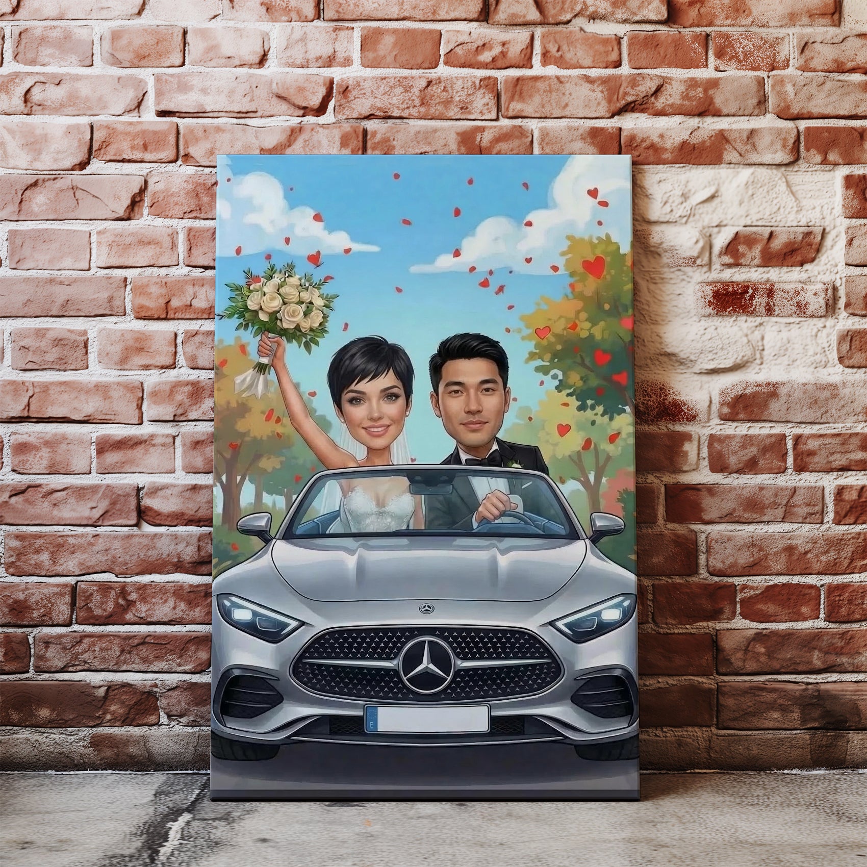 Cartoon silver Mercedes-Benz AMG GT coupe with bride and groom